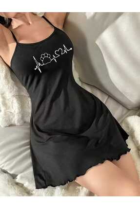 Sebalma Fashion Kadın Siyah İp Askılı Penye Gecelik – Kalp & Nabız Baskılı