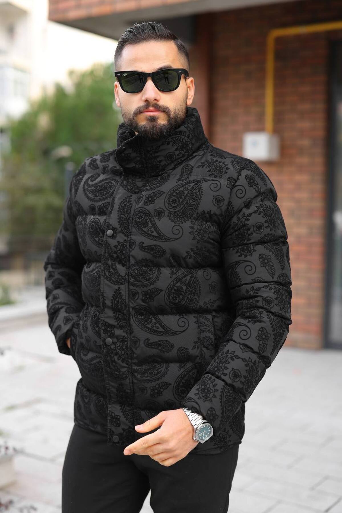 مردانه، یقه ایستاده، زمستانی، طرح گلدار، ژاکت پفی 2515 — مشکی 25USE2515 — تصویر 3 از 7