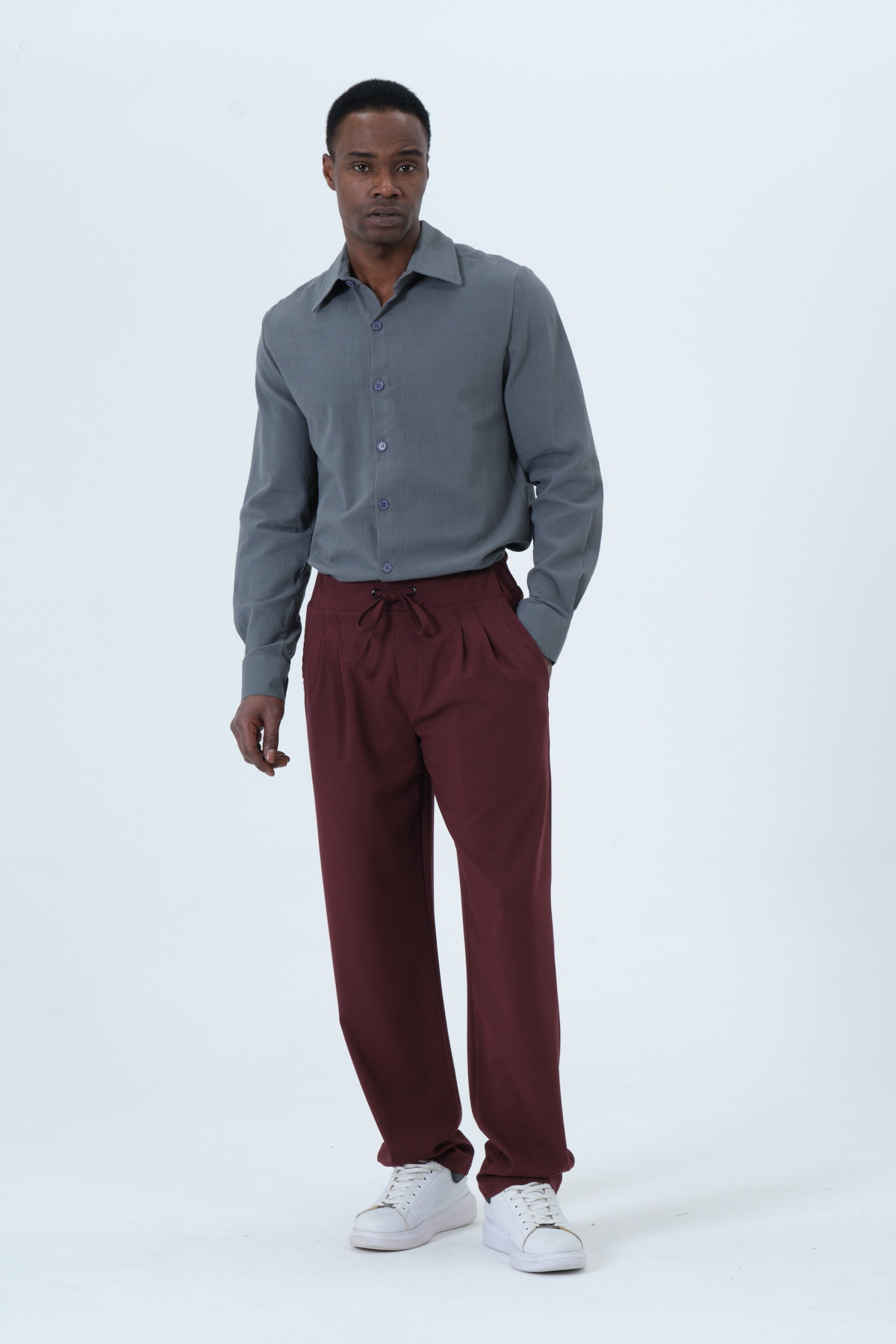 RELAXL Bağcıklı Pileli Battal Boy Geniş Paça Baggy Bordo Pantolon görsel 2