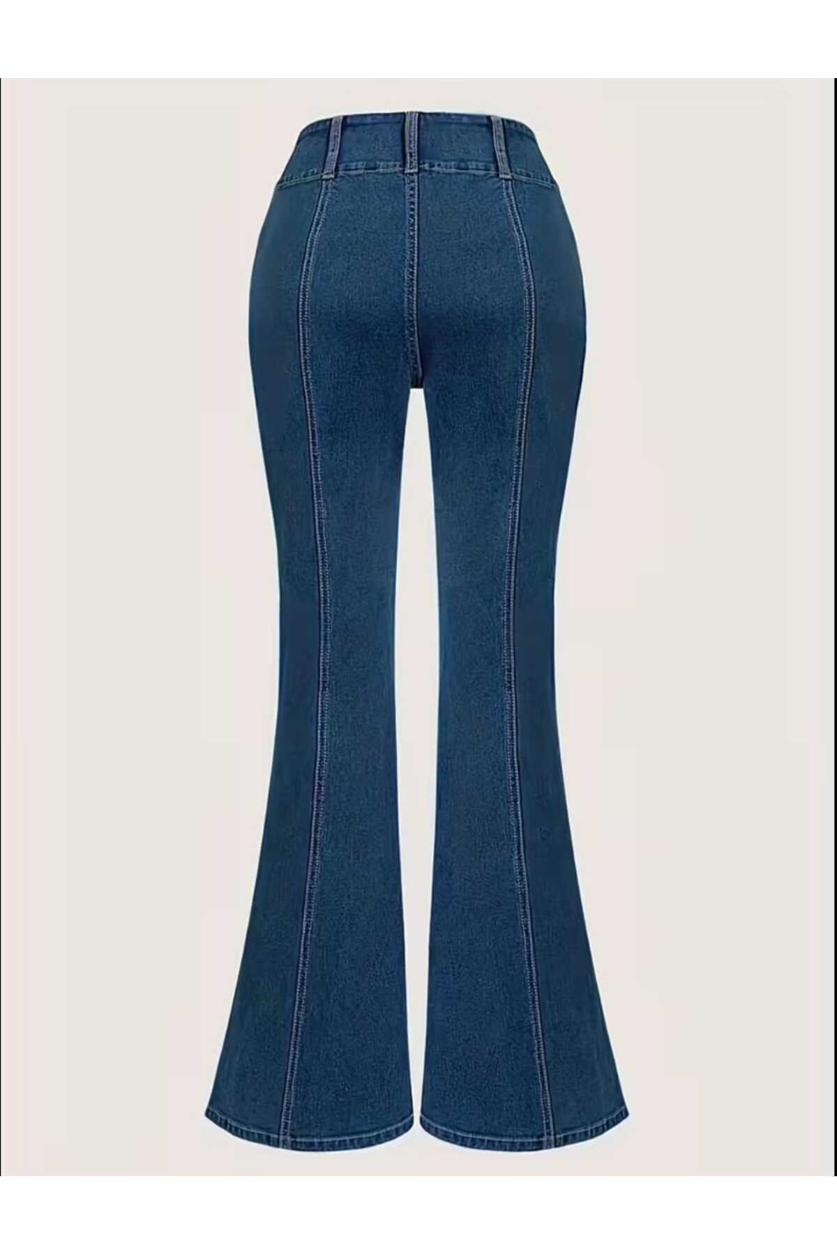 Semesia  Yüksekbel Likralı Ispanyol Paça Jeans - Görsel 5