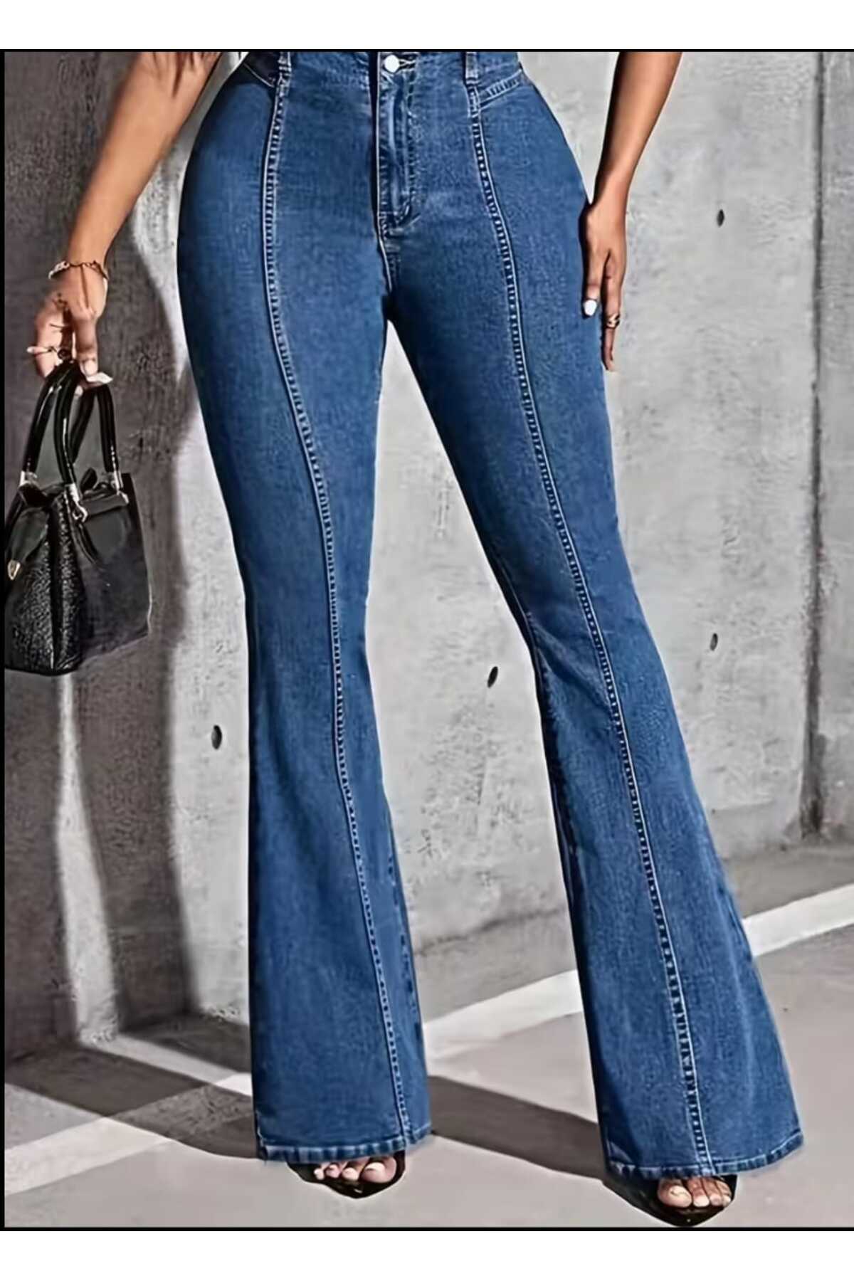 Semesia  Yüksekbel Likralı Ispanyol Paça Jeans - Görsel 4