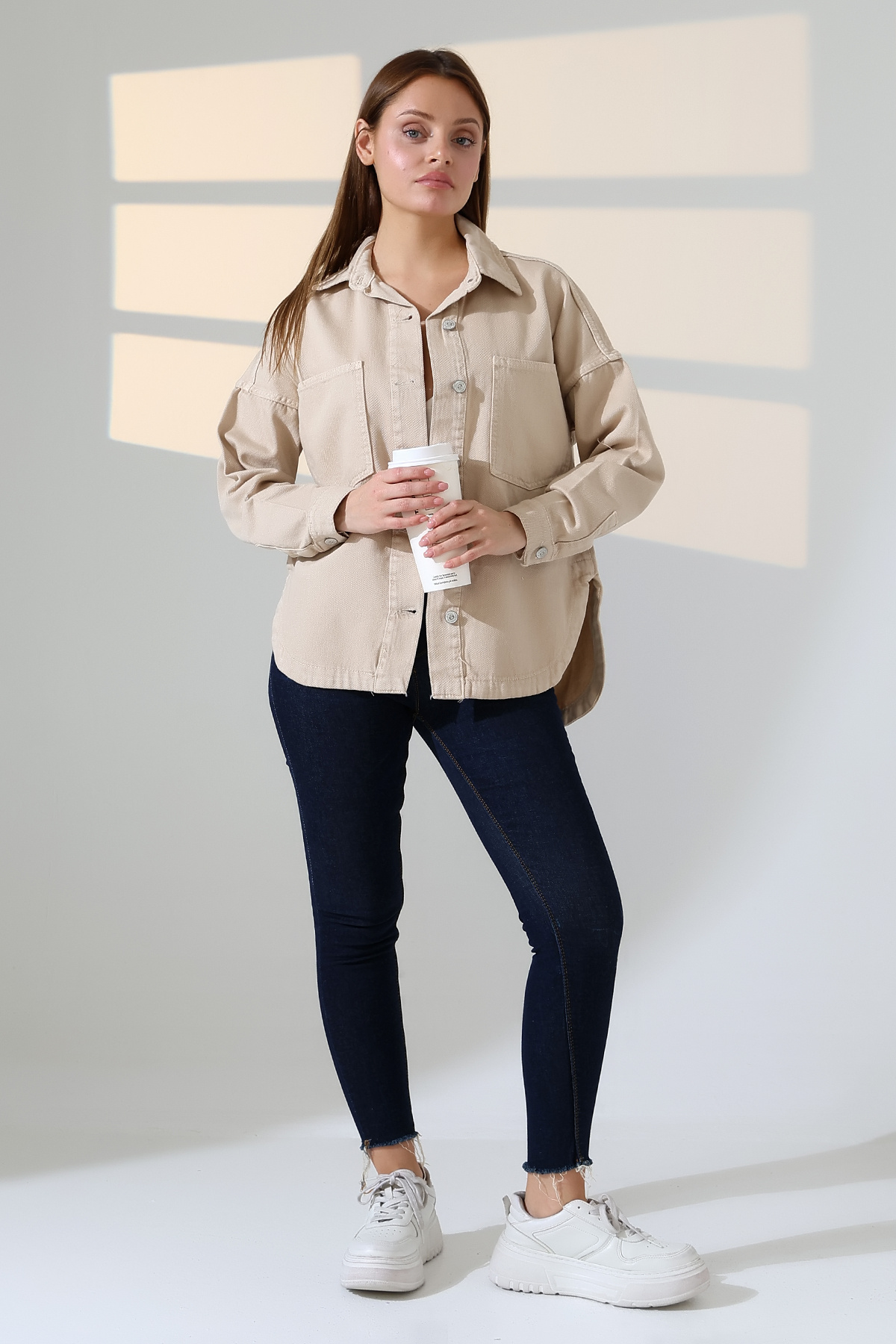 BLUE NATIONAL JEANS  Kadın Oversize Kesim Gabardin Gömlek Ceket Bej Koyu Renk Günlük Şıklık -BNJ4887