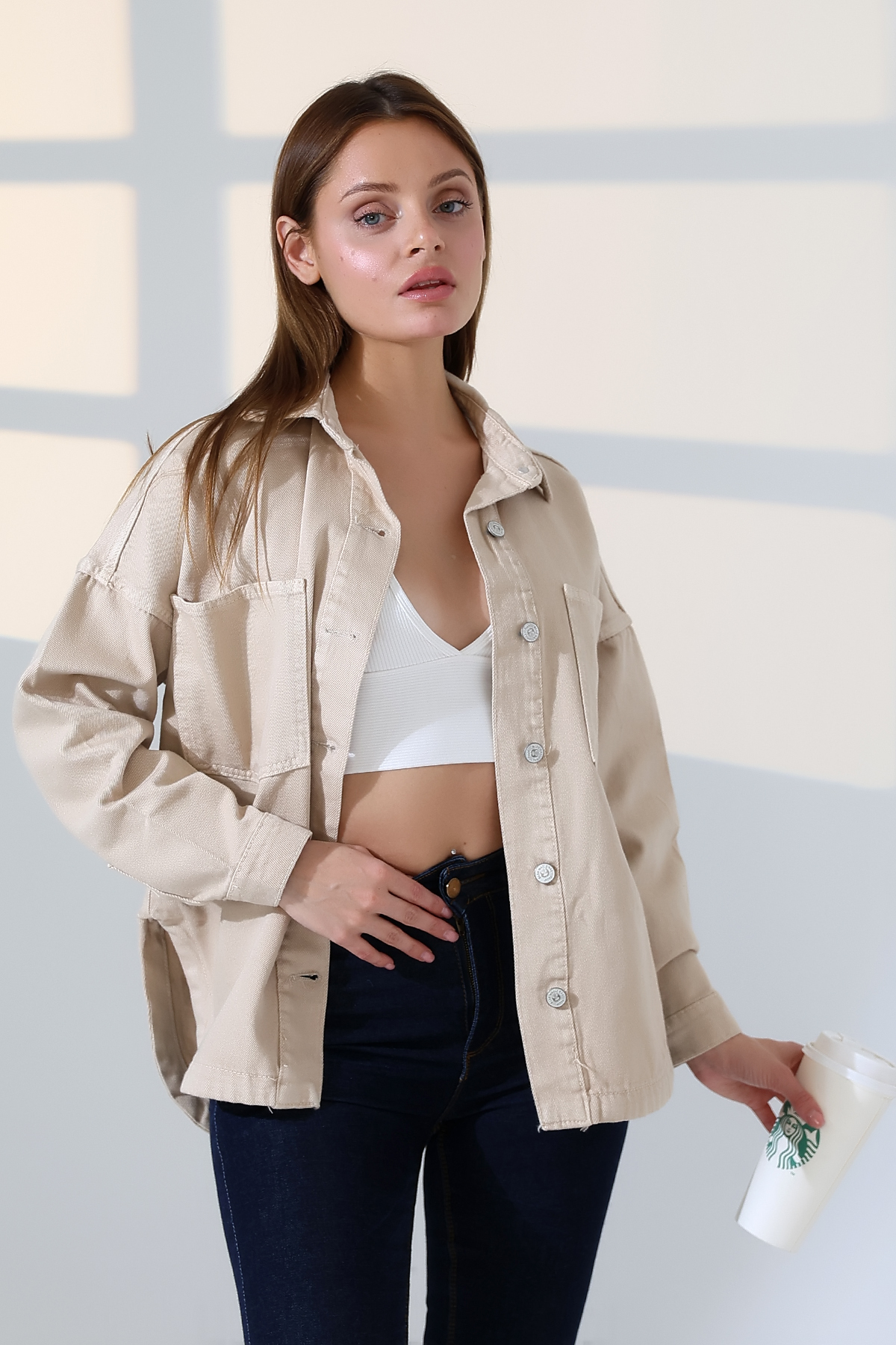 BLUE NATIONAL JEANS  Kadın Oversize Kesim Gabardin Gömlek Ceket Bej Koyu Renk Günlük Şıklık -BNJ4887 - Görsel 2