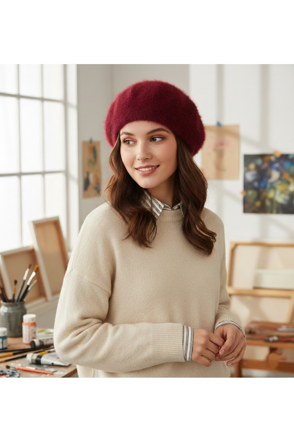 derikem Fransız Tüylü Peluş Ressam Bere Kadın Şapka