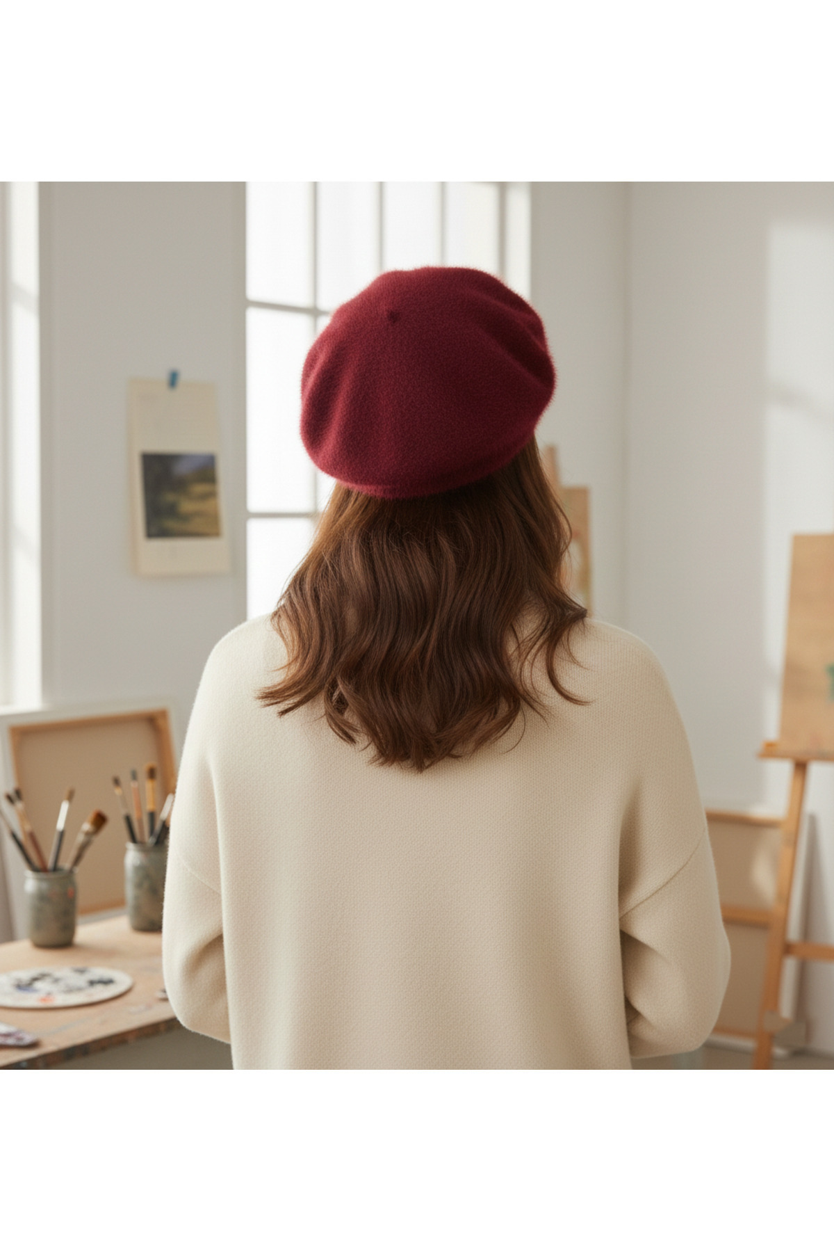 derikem Fransız Tüylü Peluş Ressam Bere Kadın Şapka görsel 3