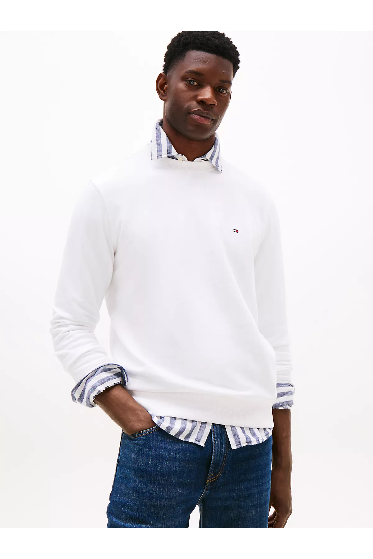 تامی هیلفیگر سویشرت مردانه نخی یقه گرد آستین بلند سفید MW0MW37237-YBR