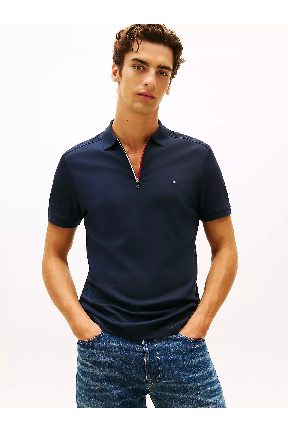 تامی هیلفیگر تی‌شرت مردانه یقه گرد نخی معمولی آستین کوتاه زیپ‌دار سرمه‌ای MW0MW41613-DW5