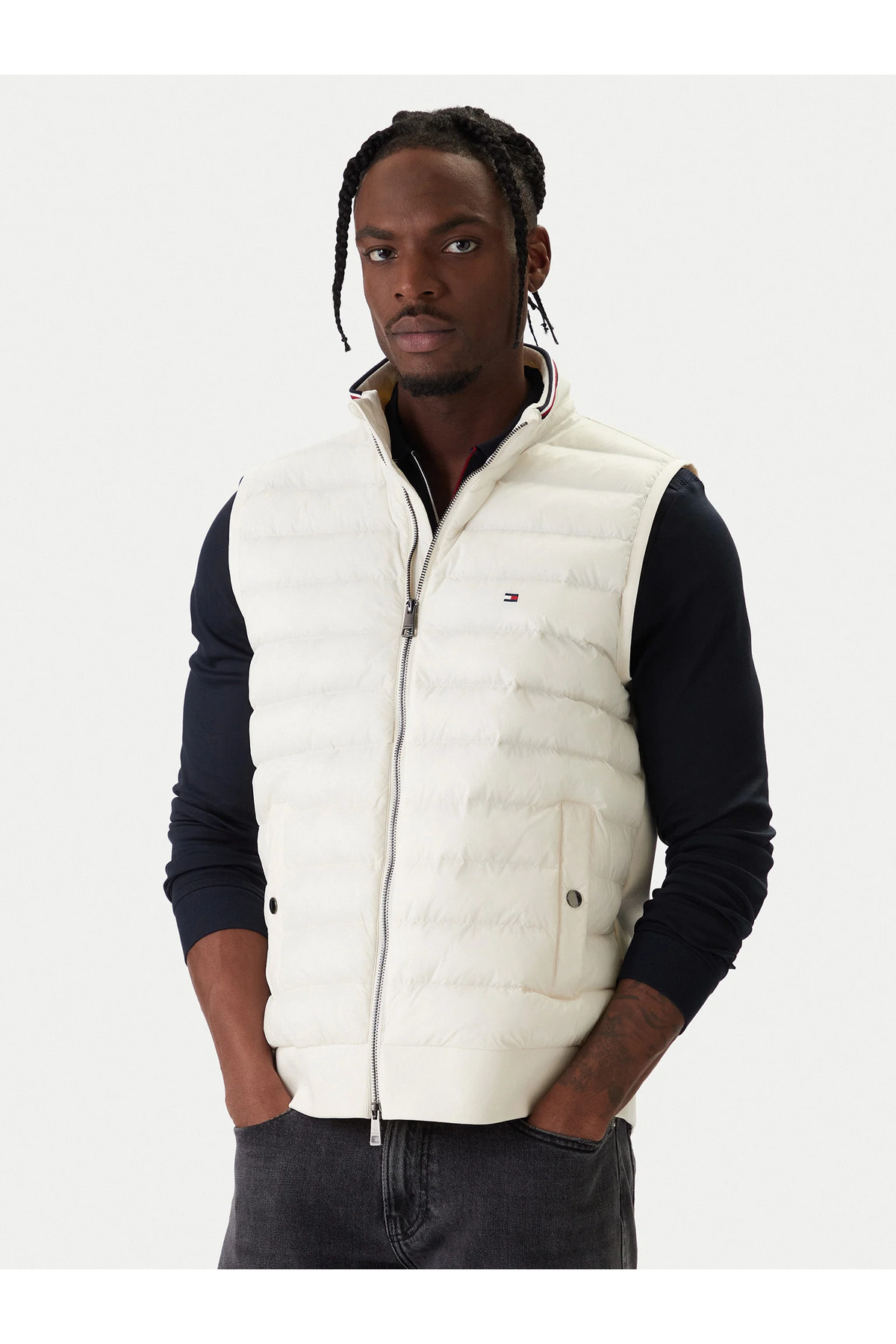 تامی هیلفیگر جلیقه مردانه یقه ایستاده پارچه‌ای عایق‌دار زیپ‌دار سفید MW0MW41441-Z00