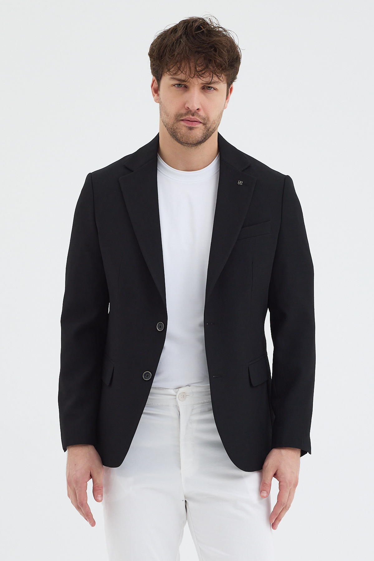 Frappoli  Regelo Erkek Siyah Poliviskon Kumaşlı Slim Fit Kendinden Mendilli Mono Yaka Spor Blazer Ceket - Görsel 6