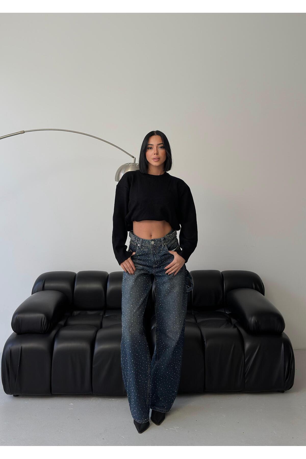 ParlaMira  Kadın Taşlı Yüksek Bel Bol Kesim Tokalı Jean - Görsel 4