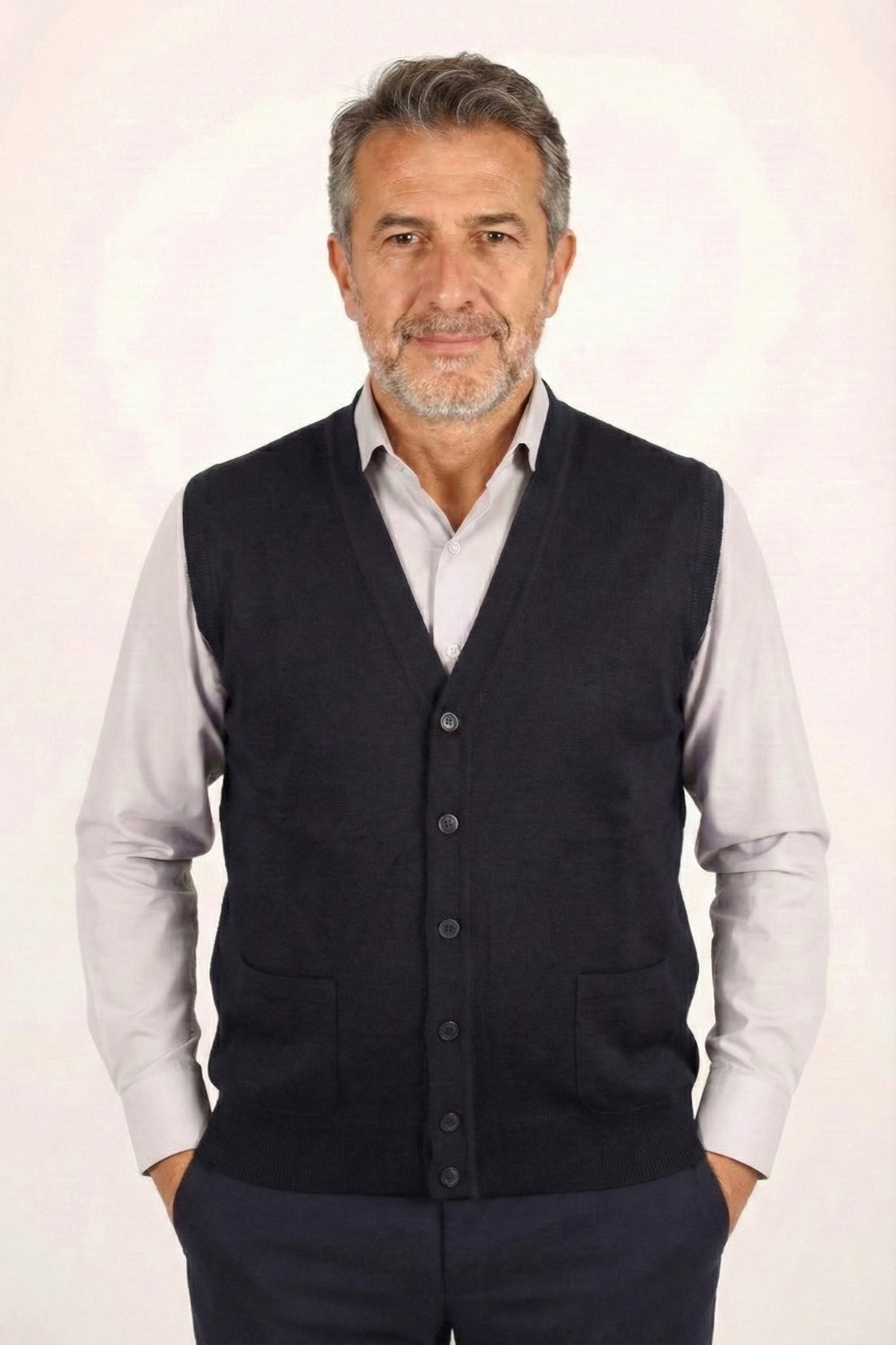 nacar çarşı  Erkek Baba Lacivert Klasik Kesim V Yaka Önü Düğmeli Çift Cepli Mevsimlik Triko Yelek - Görsel 2