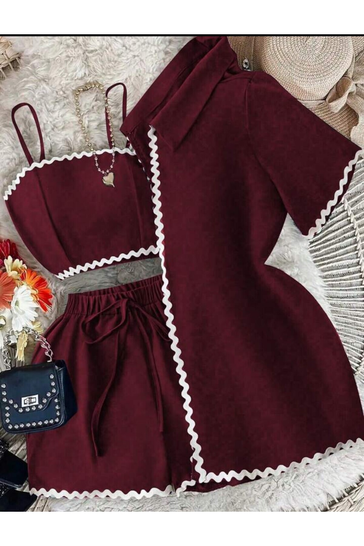 kendii modamm Özel tasarım şerit detaylı gecelik üçlü set takım