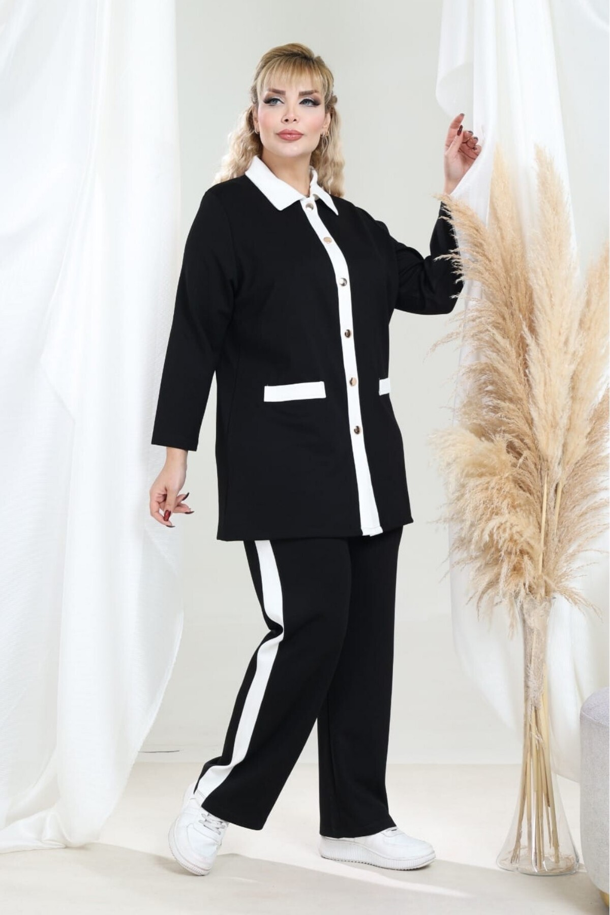 sinemisxxl siyah krem pantolon ceket likralı büyük beden takım