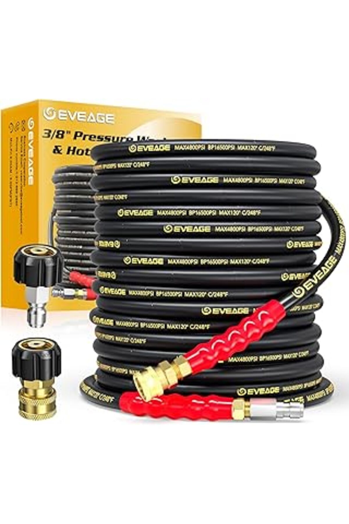 SanalAMCA Store Eveage 3/8 "Basınçlı Yıkama Hortumu 50 Ft, 4800Psi Sanayi Sınıfı Çelik Tel Örgülü Ve Sentetik Kauçuk