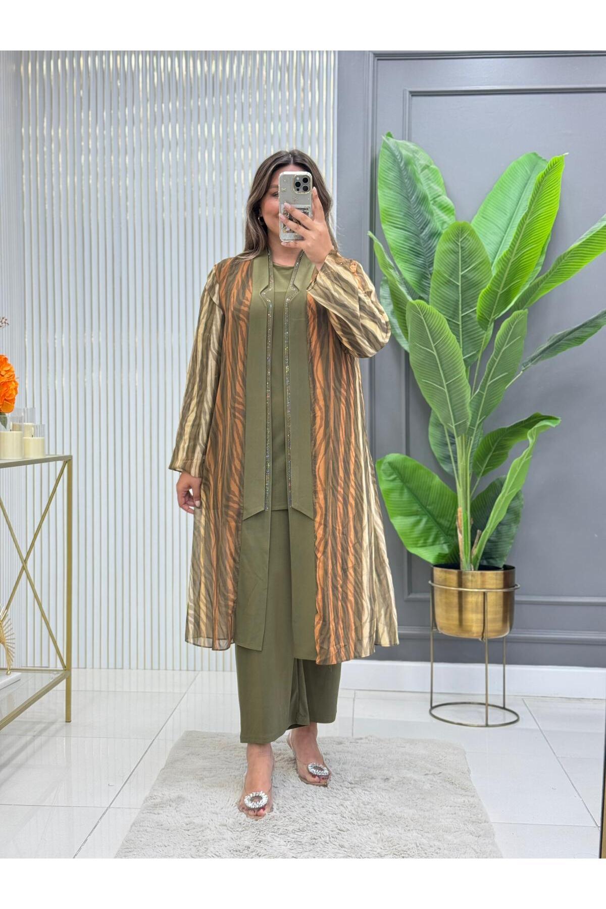 Modam Bella BÜYÜK BEDEN ÜÇLÜ ÇİZGİ DESENLİ TAKIM