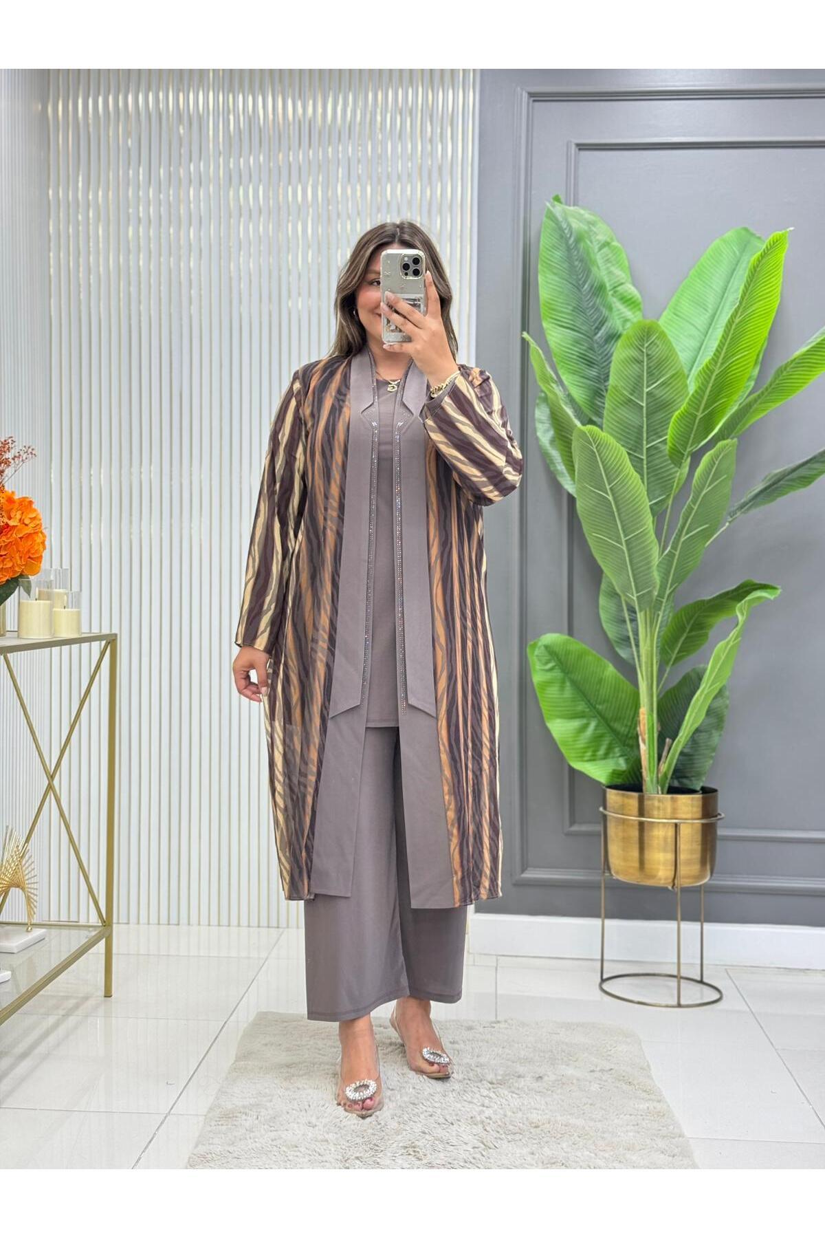 Modam Bella BÜYÜK BEDEN ÜÇLÜ ÇİZGİ DESENLİ TAKIM