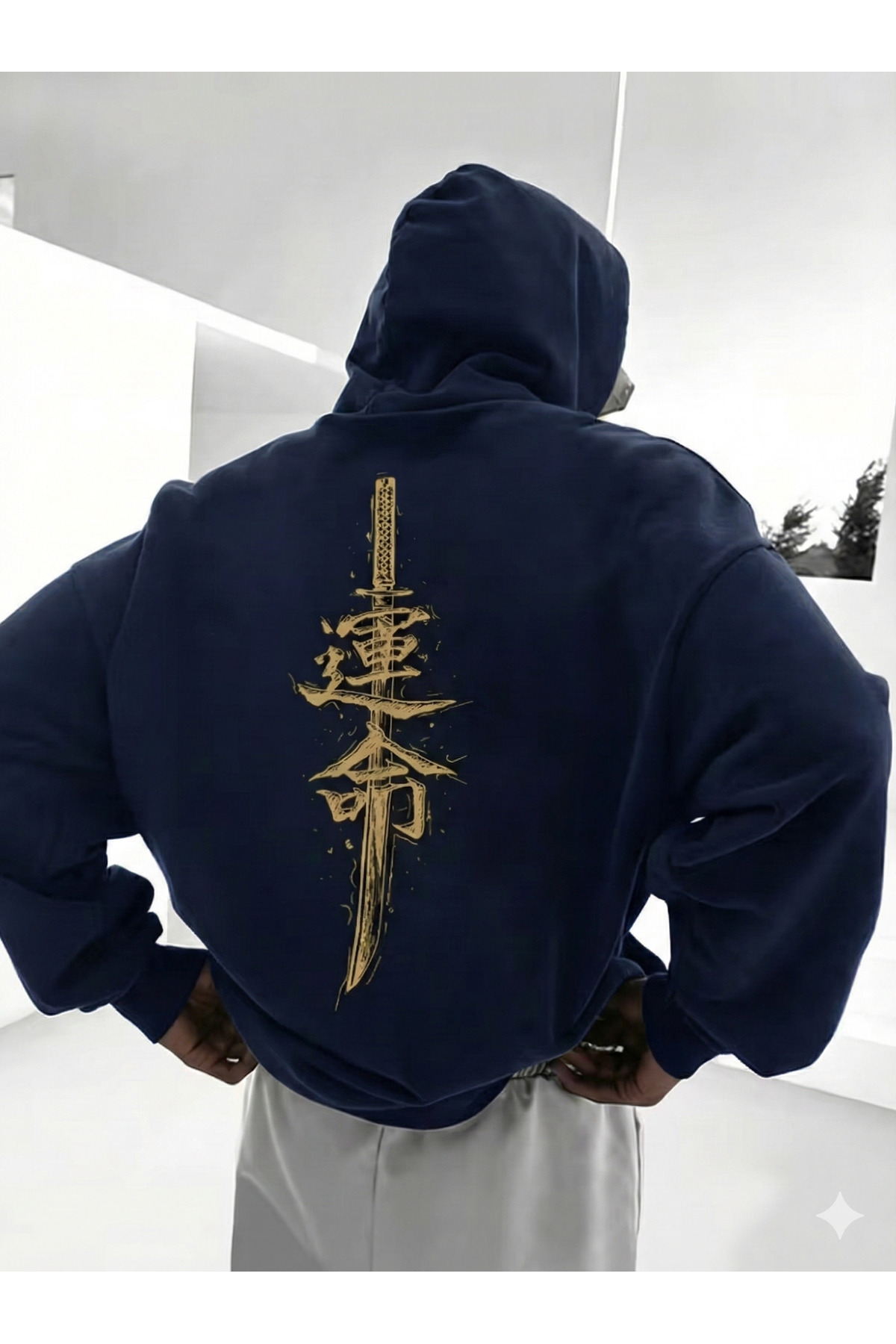 classy moda Unisex Açık Gri Oversize Sırt Baskılı Japon Kılıcı