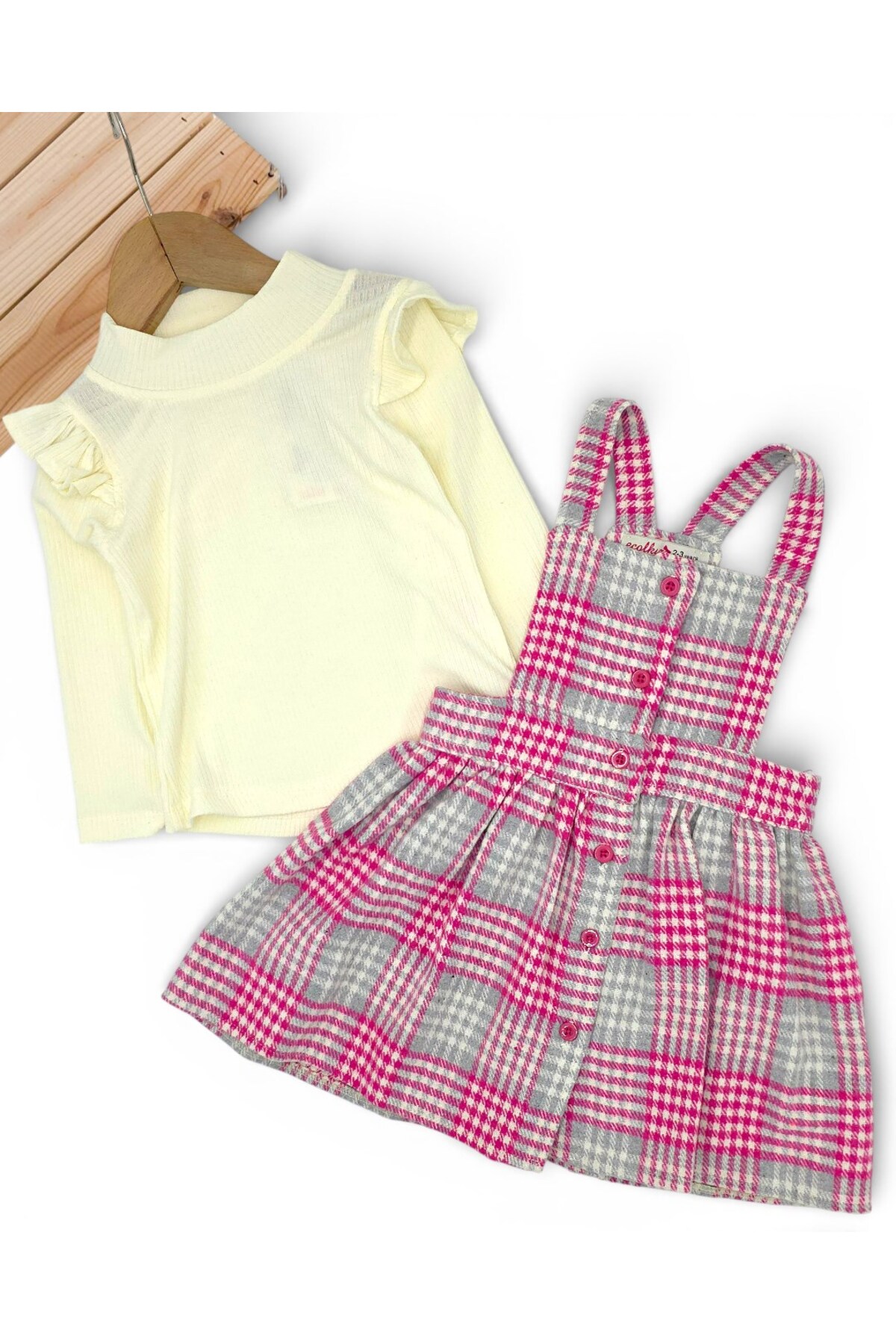Ege Bebek Kız Çocuk Ekose Desenli 2-3-4-5-6 Yaş Salopet Elbise , Badili 2'li Şık Takım fotoğrafı 3 (önizleme)
