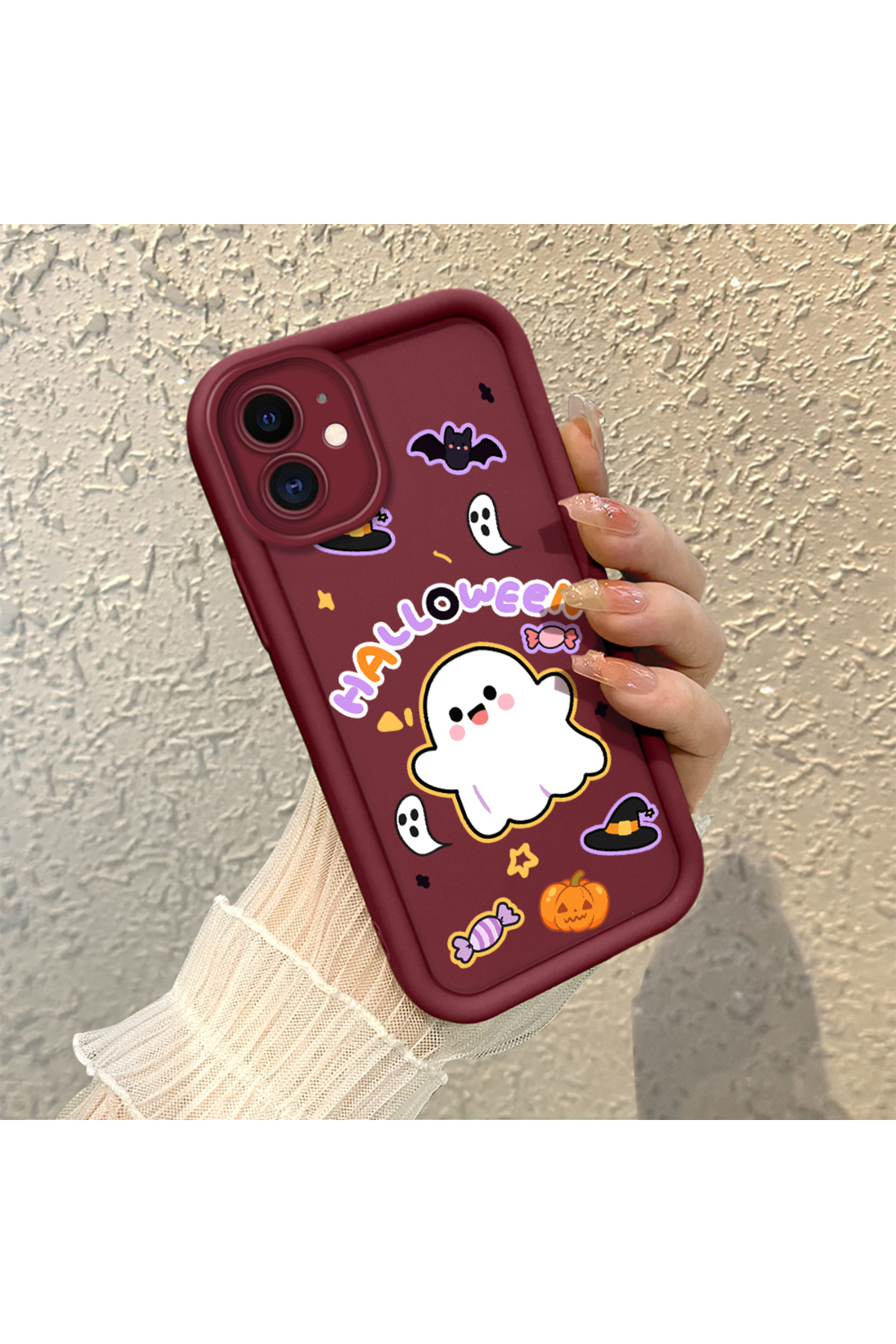 iPhone 12 Compatible Flexible Silicone Protection Burgundy Color Cartoon Case