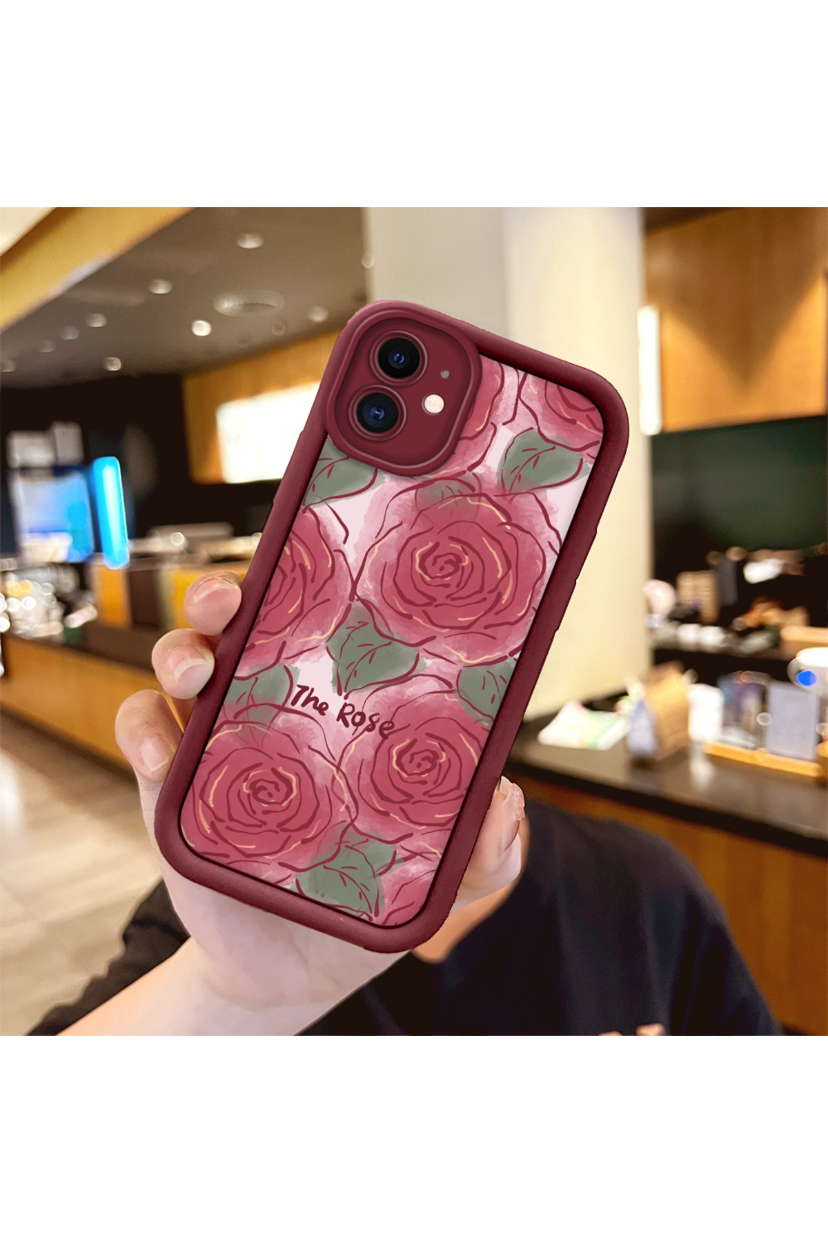 iPhone 12 Compatible Rose Butterfly Patterned Claret Red Silicone Shockproof Case