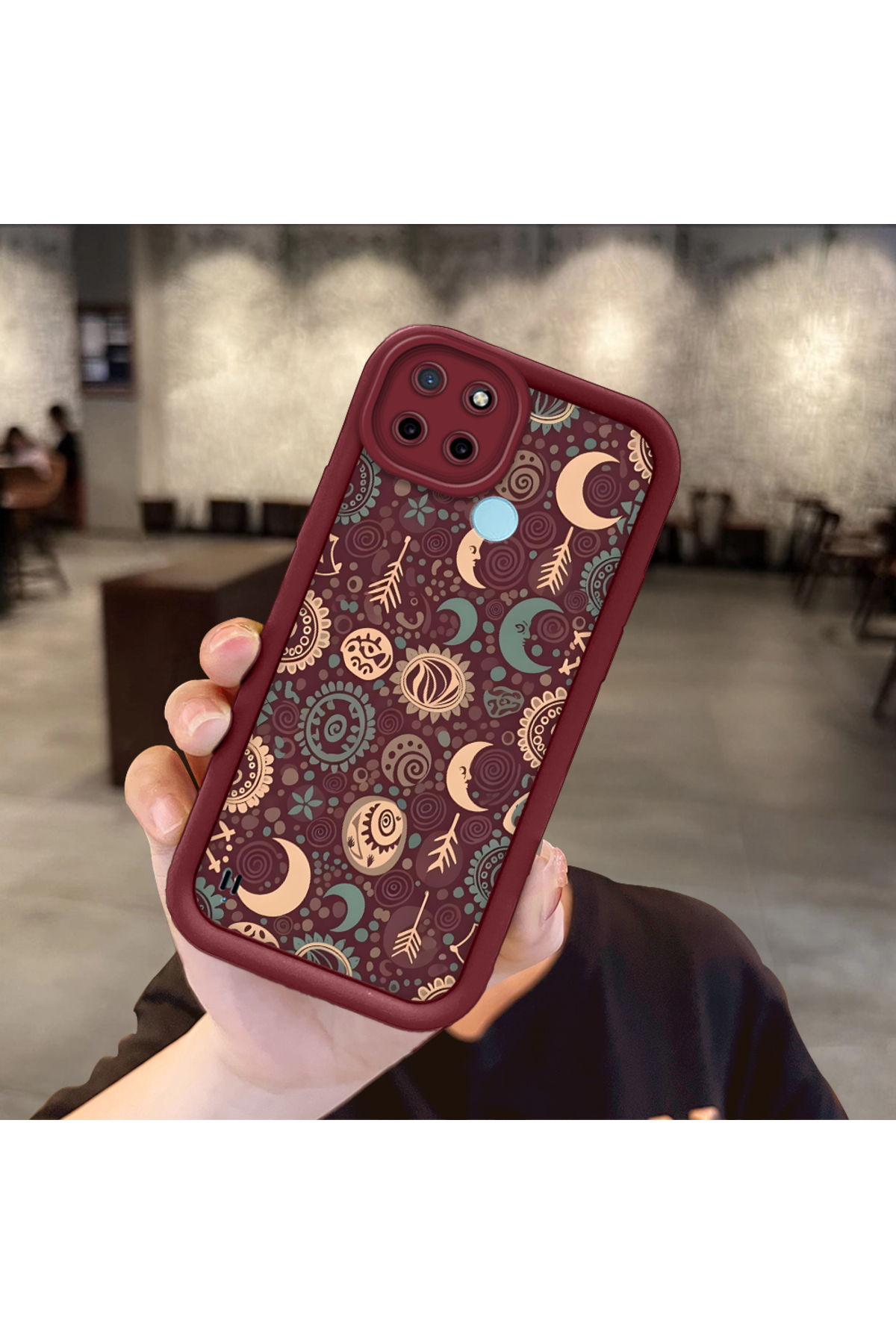 Realme C21Y/C25Y Compatible Claret Red Silicone Case-Vintage Patterned Shockproof