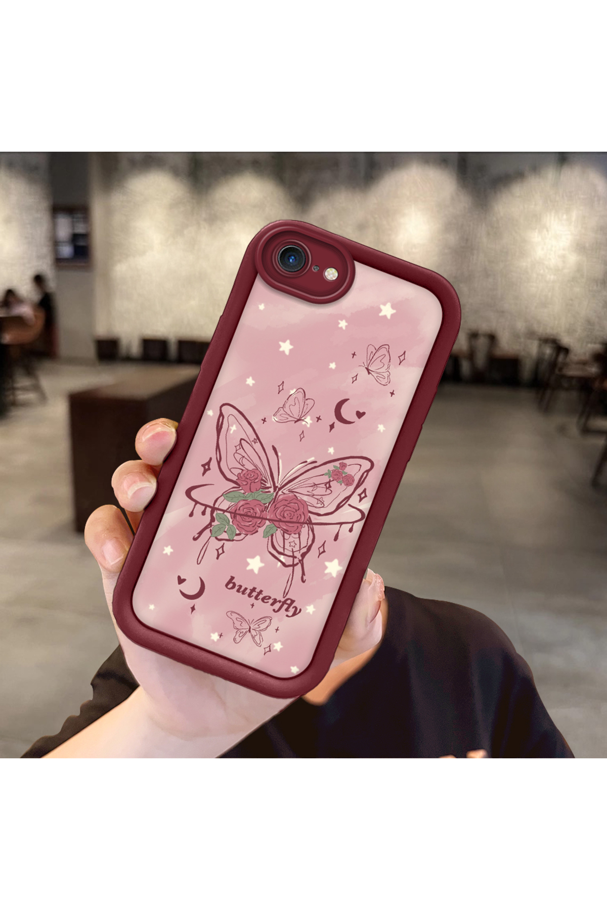 iPhone 7/8/SE 2020 2022 Compatible Rose Butterfly Pattern Claret Red Silicone Shockproof Case