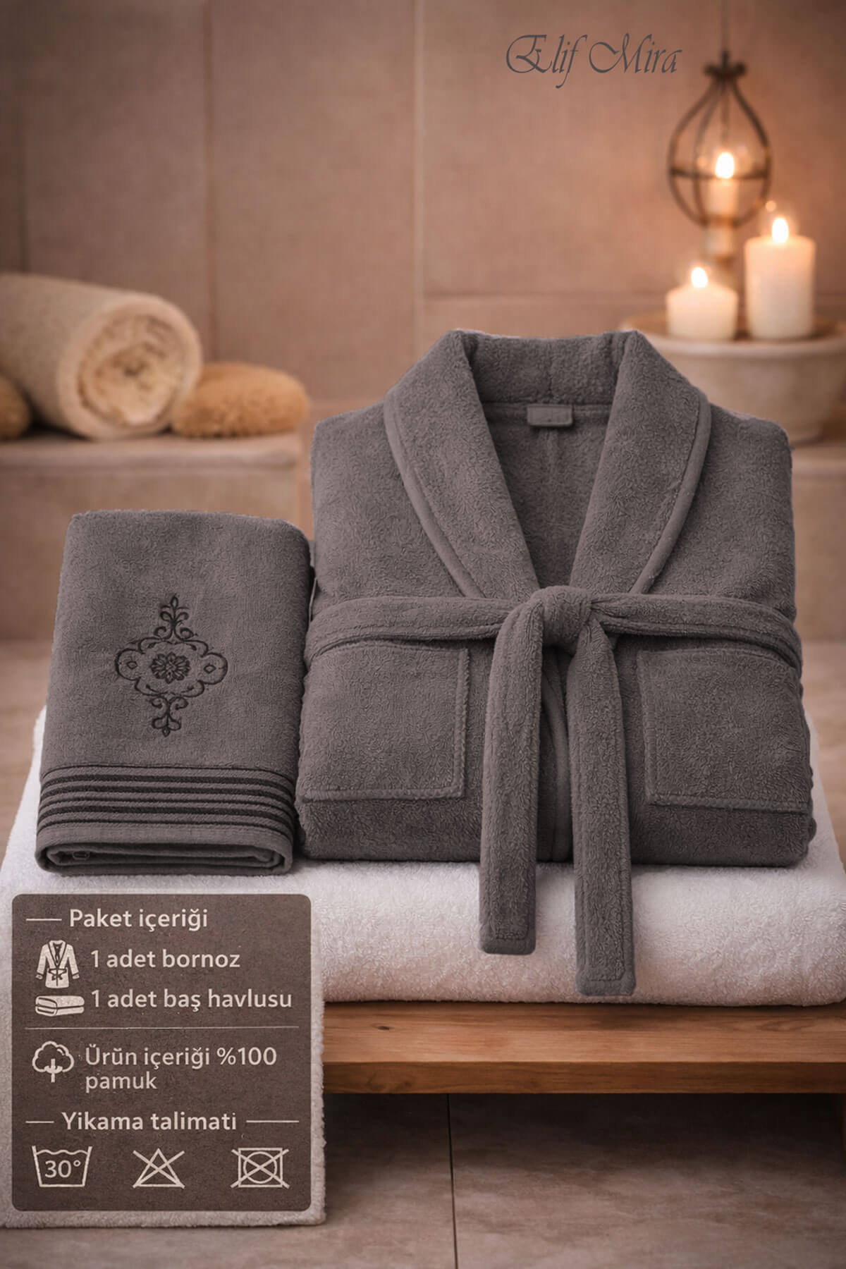 Elif Mira Nuvia Single Cotton Terry Shawl Collar Bathrobe and