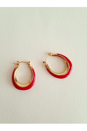 Karanfil Co Kırmızı Detaylı Gold Renk Halka PİRİNÇ Küpe Kadın – Şık Model