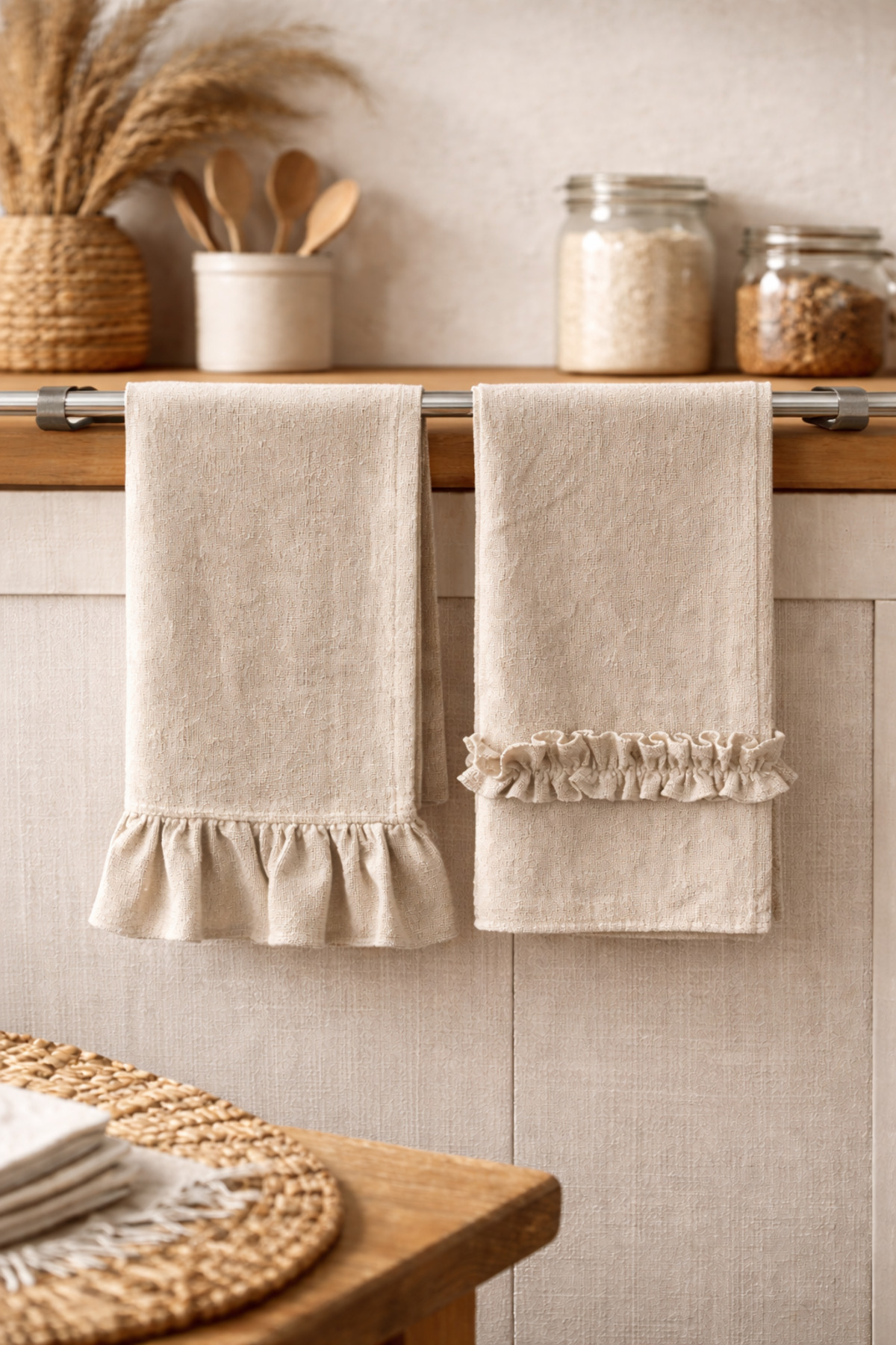 Mirilliahome Keten Fırfırlı Mutfak Havlusu 2’li Set 35x55 cm Doğal Kurulama Bezi