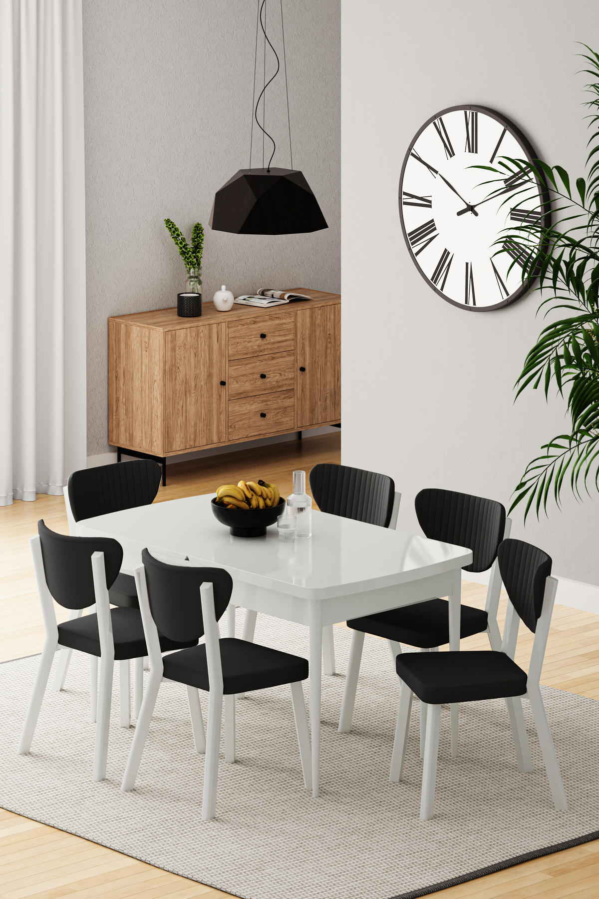 Exven Series 80x132 Openable White Table Set 6 BLACK CHAIRS