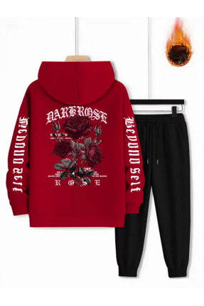 PENTHİLUS Unisex Gül Baskılı 3 İplik Şardonlu Kapüşonlu Eşofman Takımı