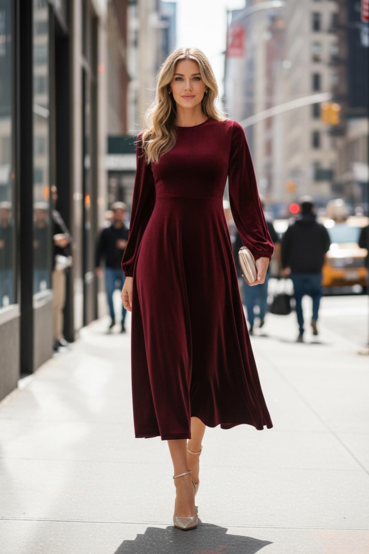 Wine Tone Claret Red Velvet Dress