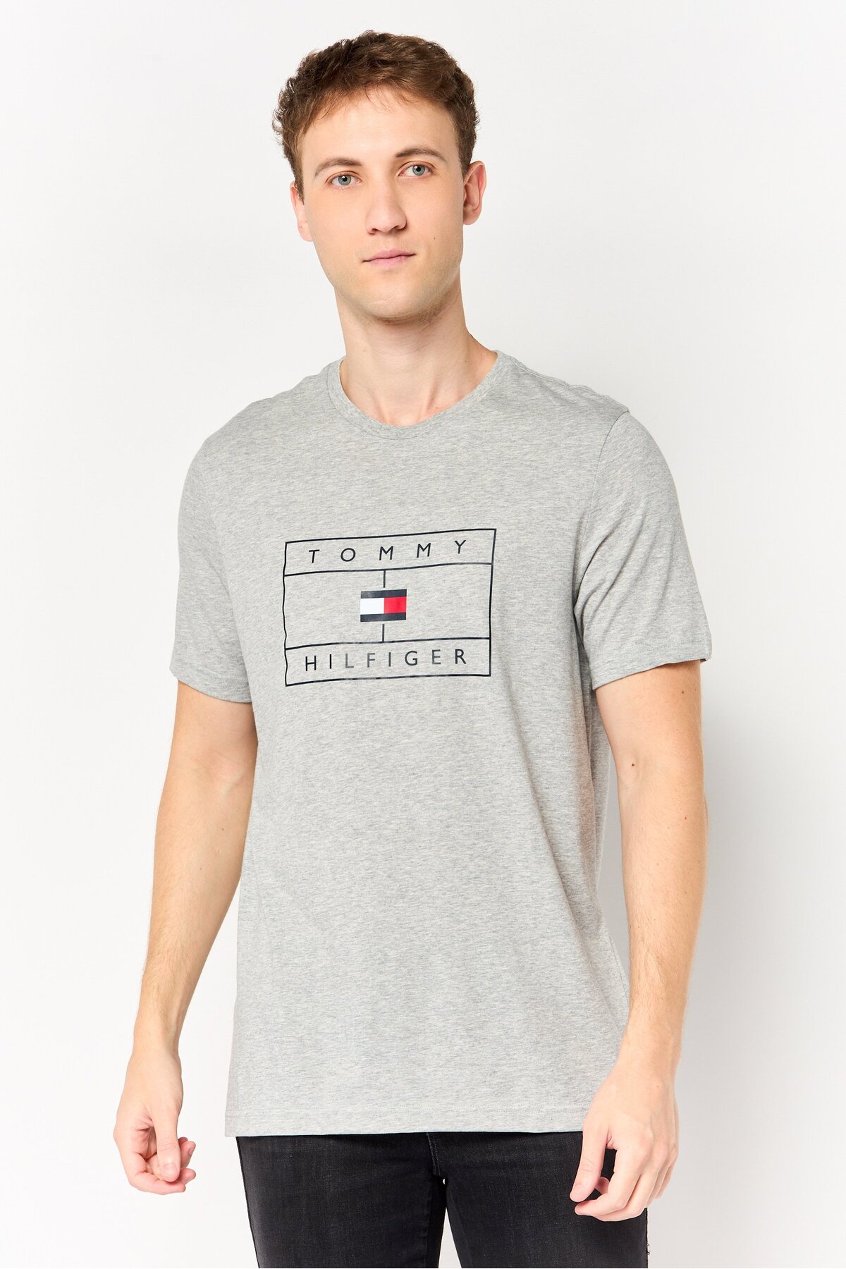 Tommy Hilfiger Men Crew Neck Short Sleeve Brand Logo T-Shirt, Grey
