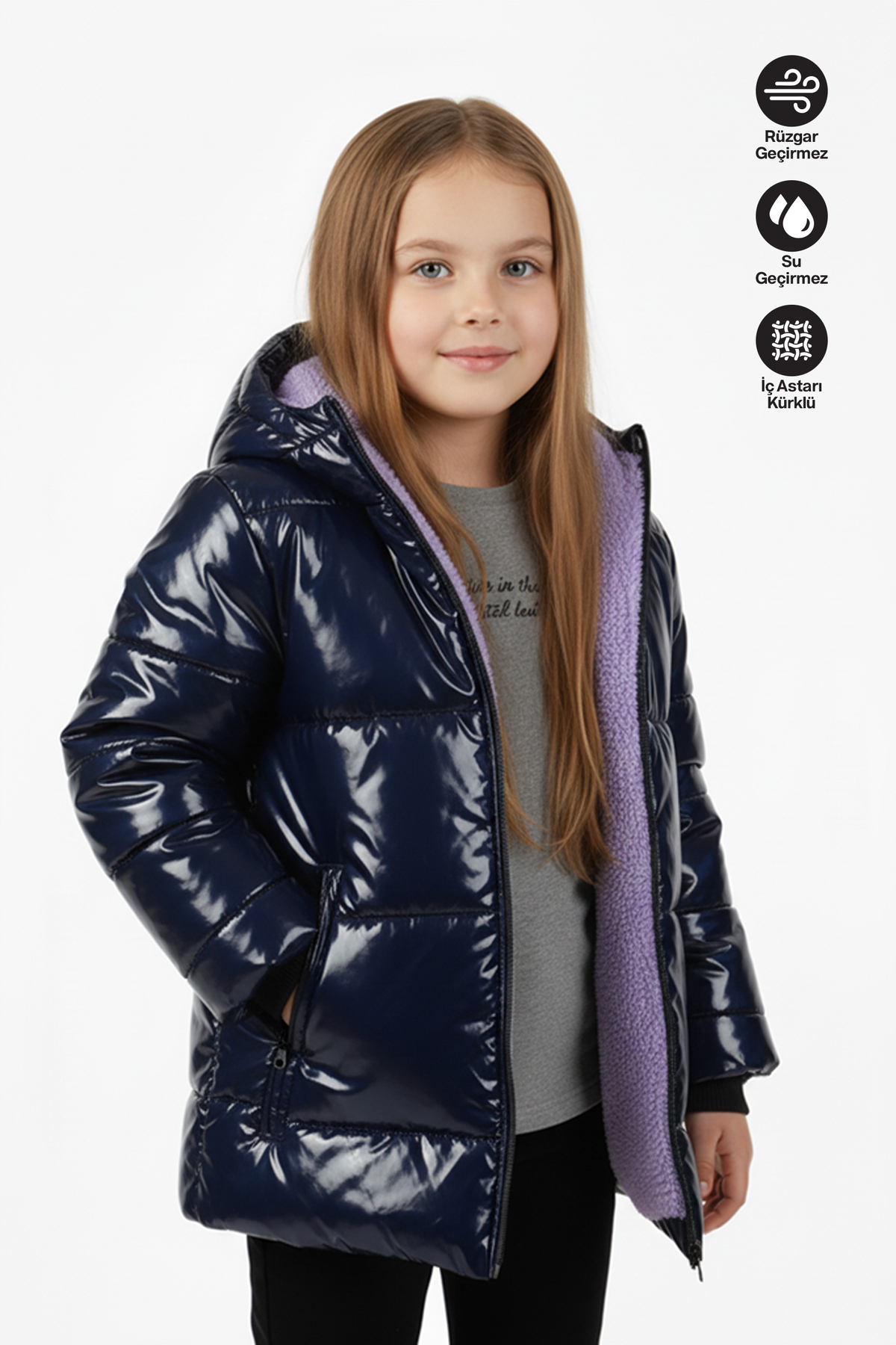 Girls Waterproof and Windproof Furry Hooded Navy Blue Glossy Coat