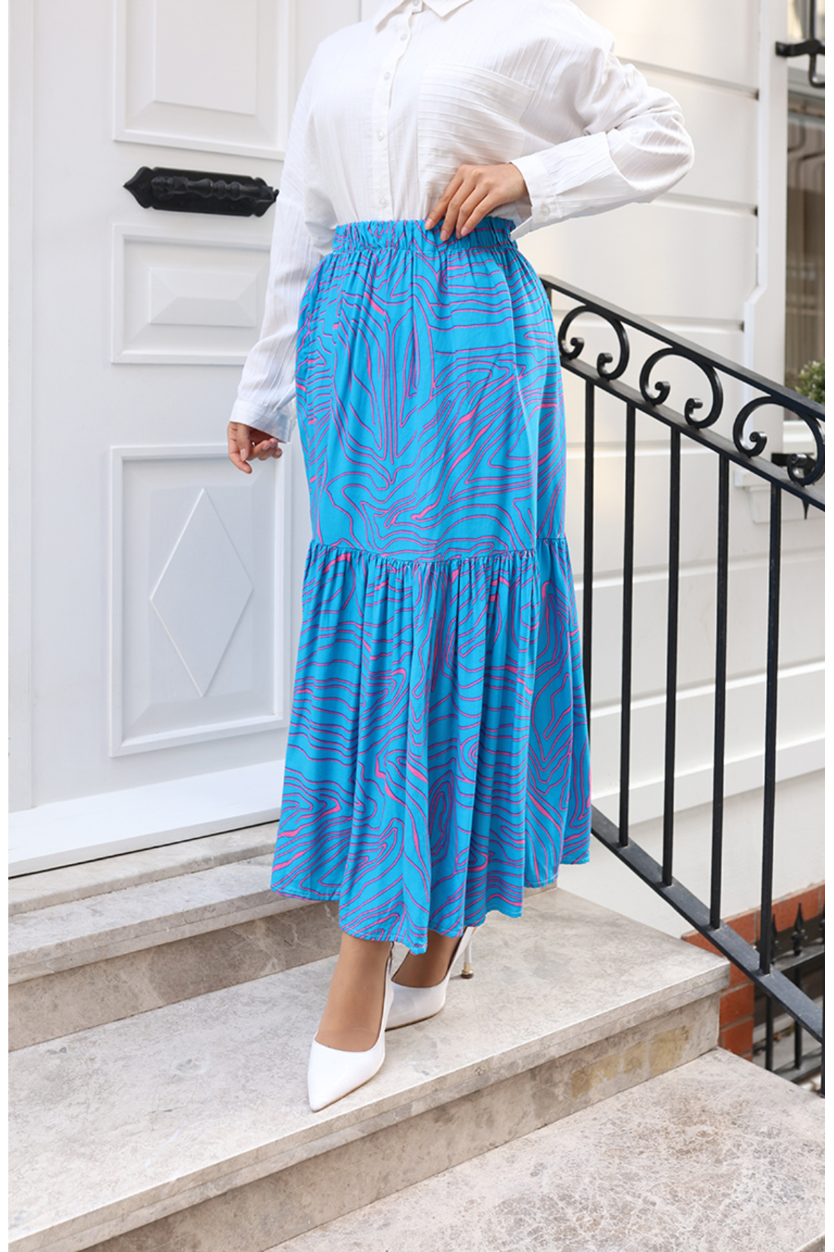 sefamerve  Beli Lastikli Rahat Kesim Desenli Etek 0227D-01 Turkuaz - Görsel 3