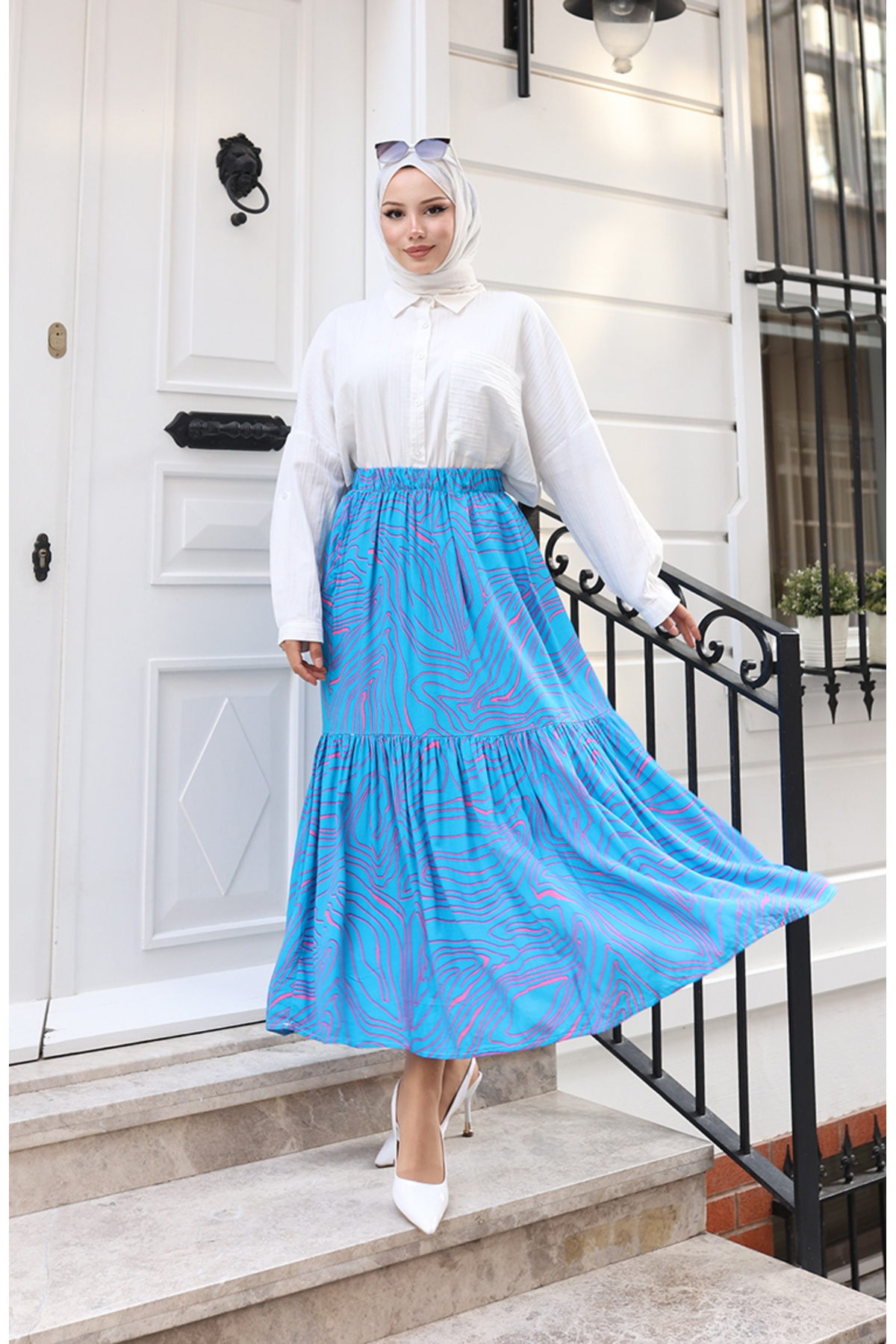 sefamerve  Beli Lastikli Rahat Kesim Desenli Etek 0227D-01 Turkuaz