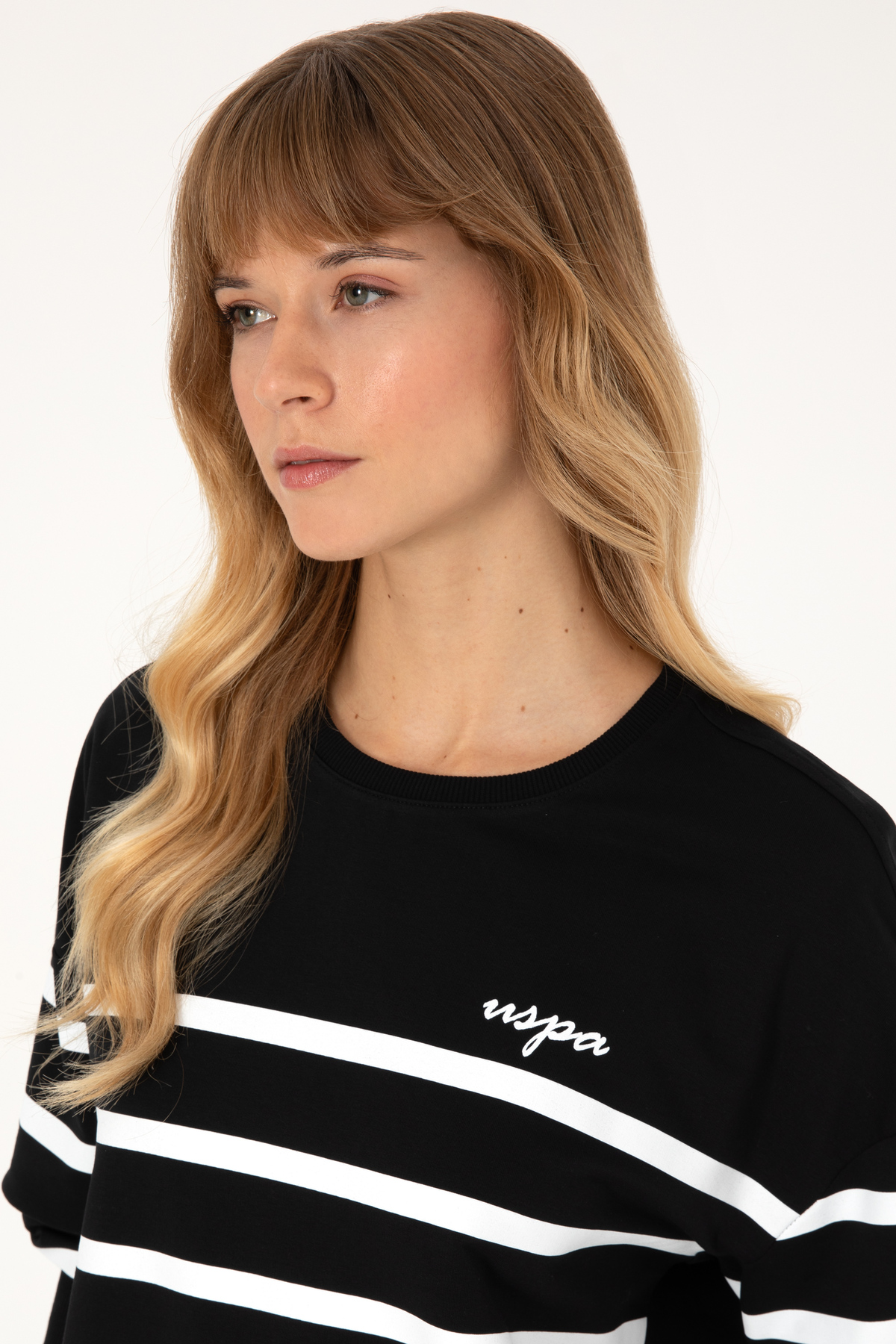 U.S. Polo Assn.  Kadın Siyah Çizgili Bisiklet Yaka Sweatshirt 50313572-VR046 - Görsel 2