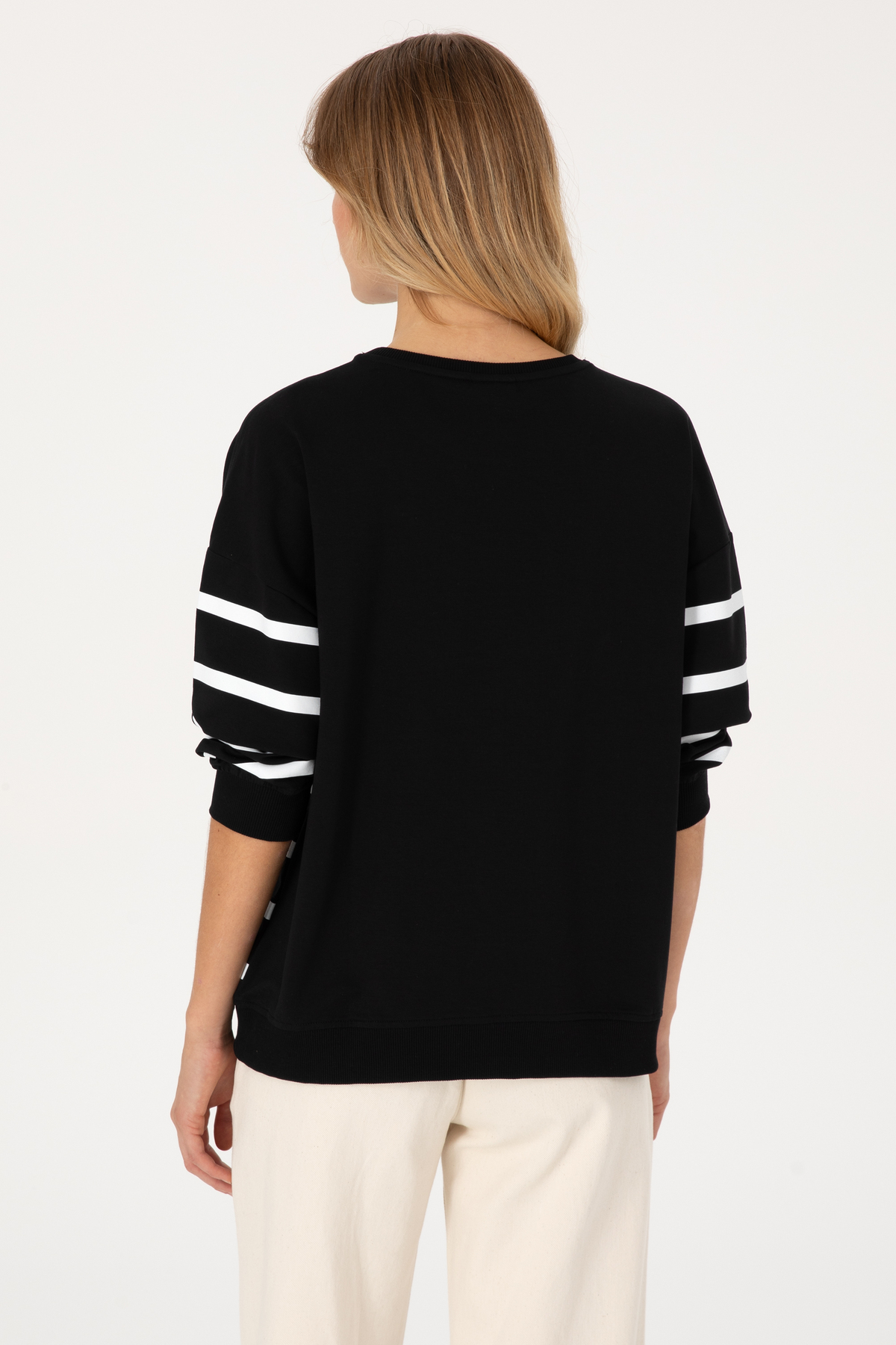 U.S. Polo Assn.  Kadın Siyah Çizgili Bisiklet Yaka Sweatshirt 50313572-VR046 - Görsel 5