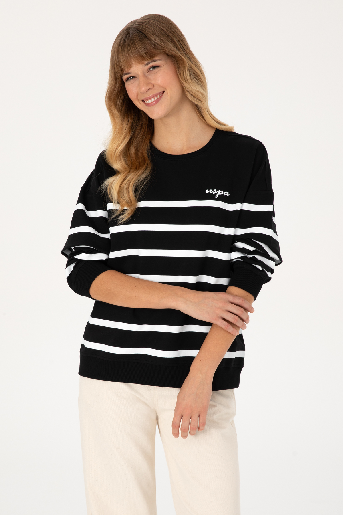 U.S. Polo Assn.  Kadın Siyah Çizgili Bisiklet Yaka Sweatshirt 50313572-VR046