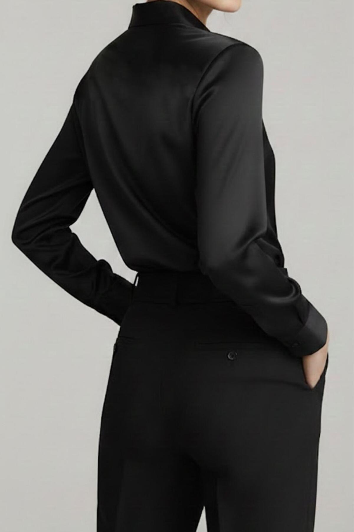 EMMAS CLOTHİNG  Kadın Siyah Saten Gömlek - Görsel 3