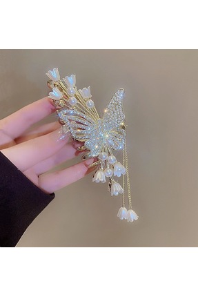 Glamluxe Kadın kelebek model gül detaylı mandal toka 11cm