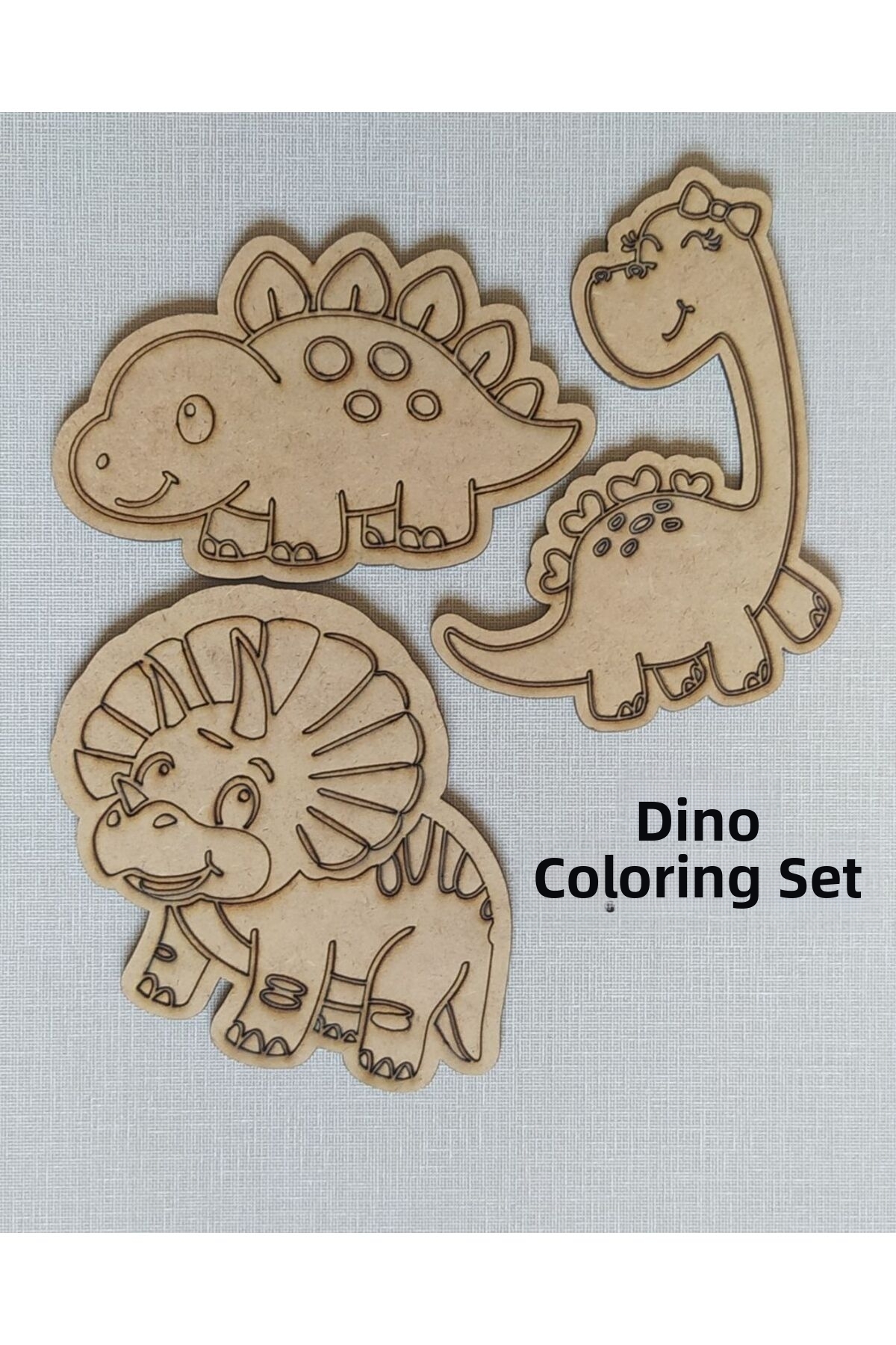 ست نقاشی دایناسور چوبی – ۳ فیگور + ۶ رنگ و قلم‌مو – کیت سرگرمی آموزشی