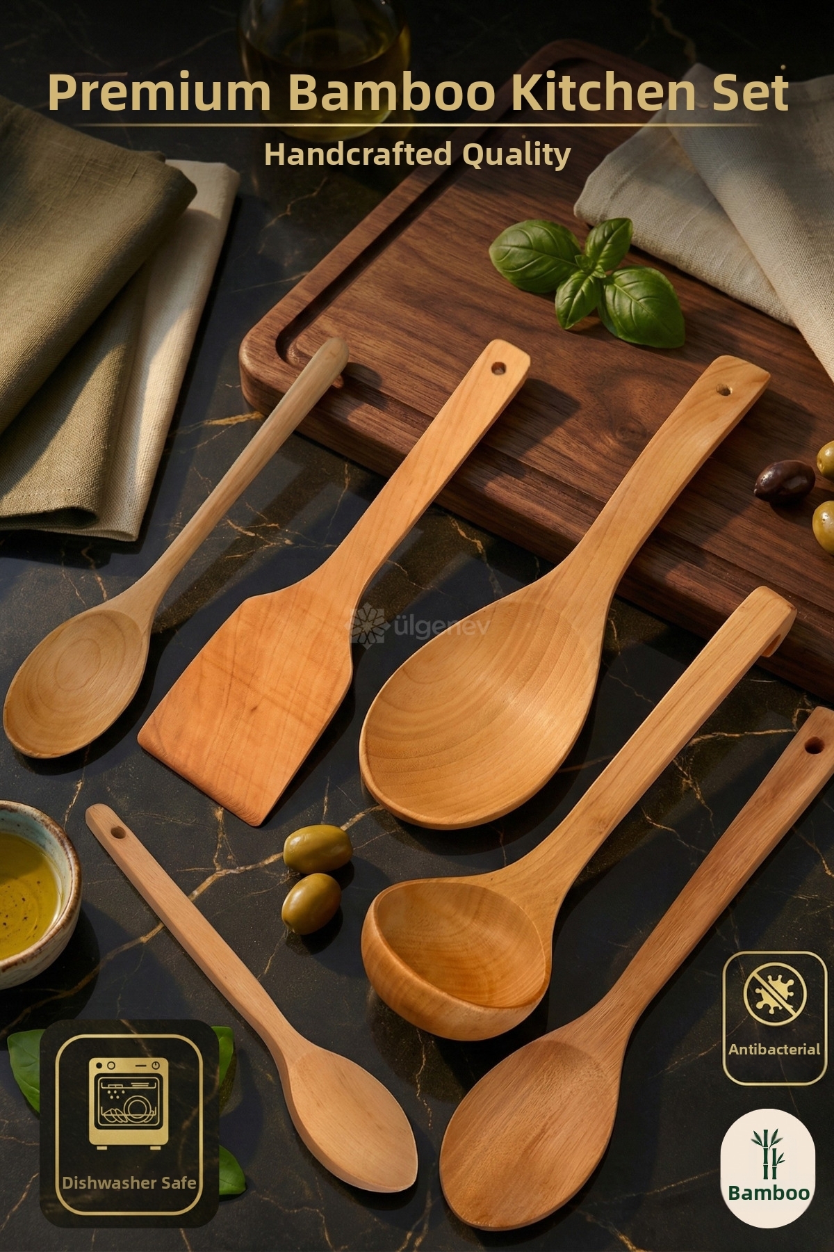 Ülgenev 6-Piece Lacquered Bamboo & Beech Kitchen Set - Spatula, Small Spoon, Medium Spoon, Large Spoon, Rice Spoon, Ladle