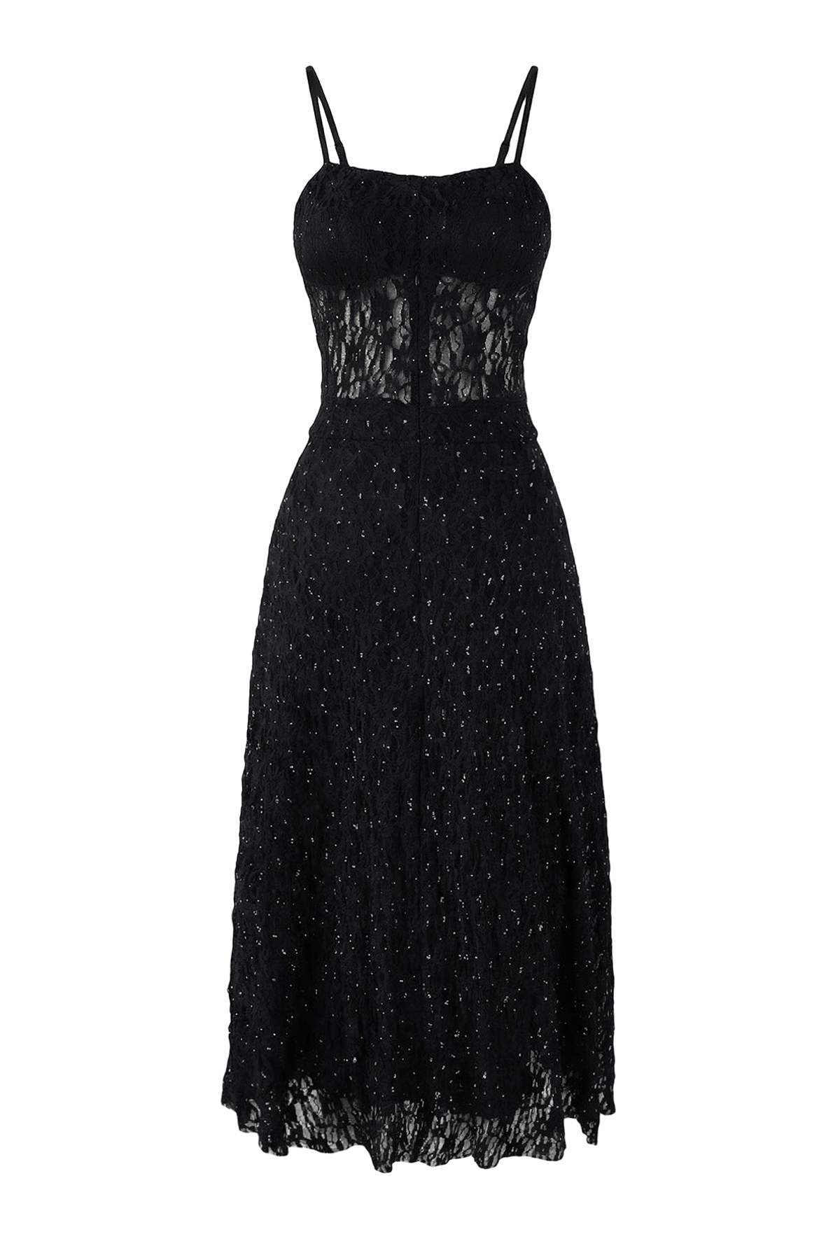 Trendyolmilla  Siyah Dantel Taş Baskılı Tül Astarlı Midi Elbise TPRSS26EL00004 - Görsel 6