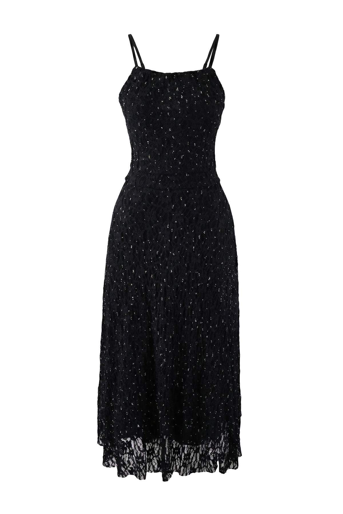 Trendyolmilla  Siyah Dantel Taş Baskılı Tül Astarlı Midi Elbise TPRSS26EL00004 - Görsel 5