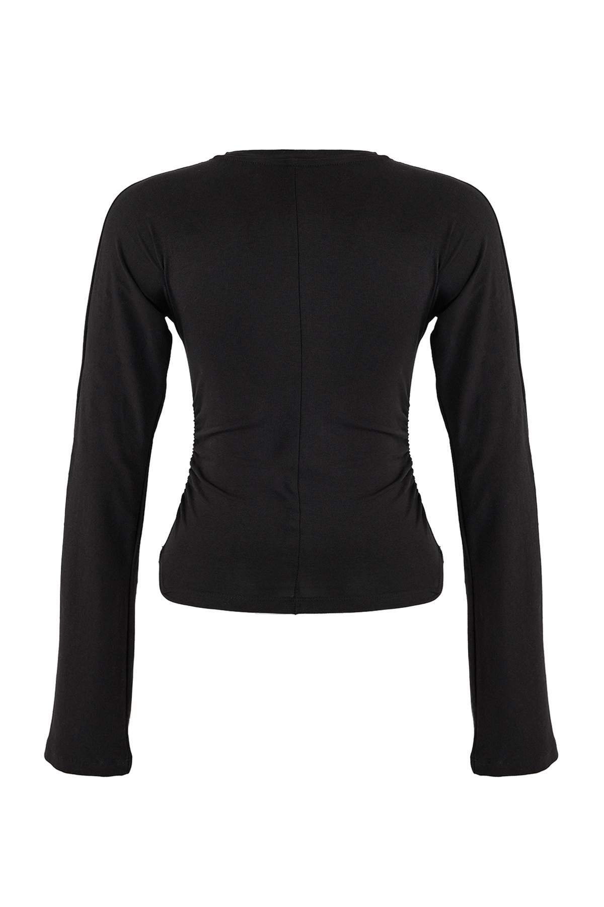 Trendyolmilla  Siyah İspanyol Kol Büzgü Detaylı Regular/Normal Kalıp Örme Bluz TWOAW26BZ00293 - Görsel 6