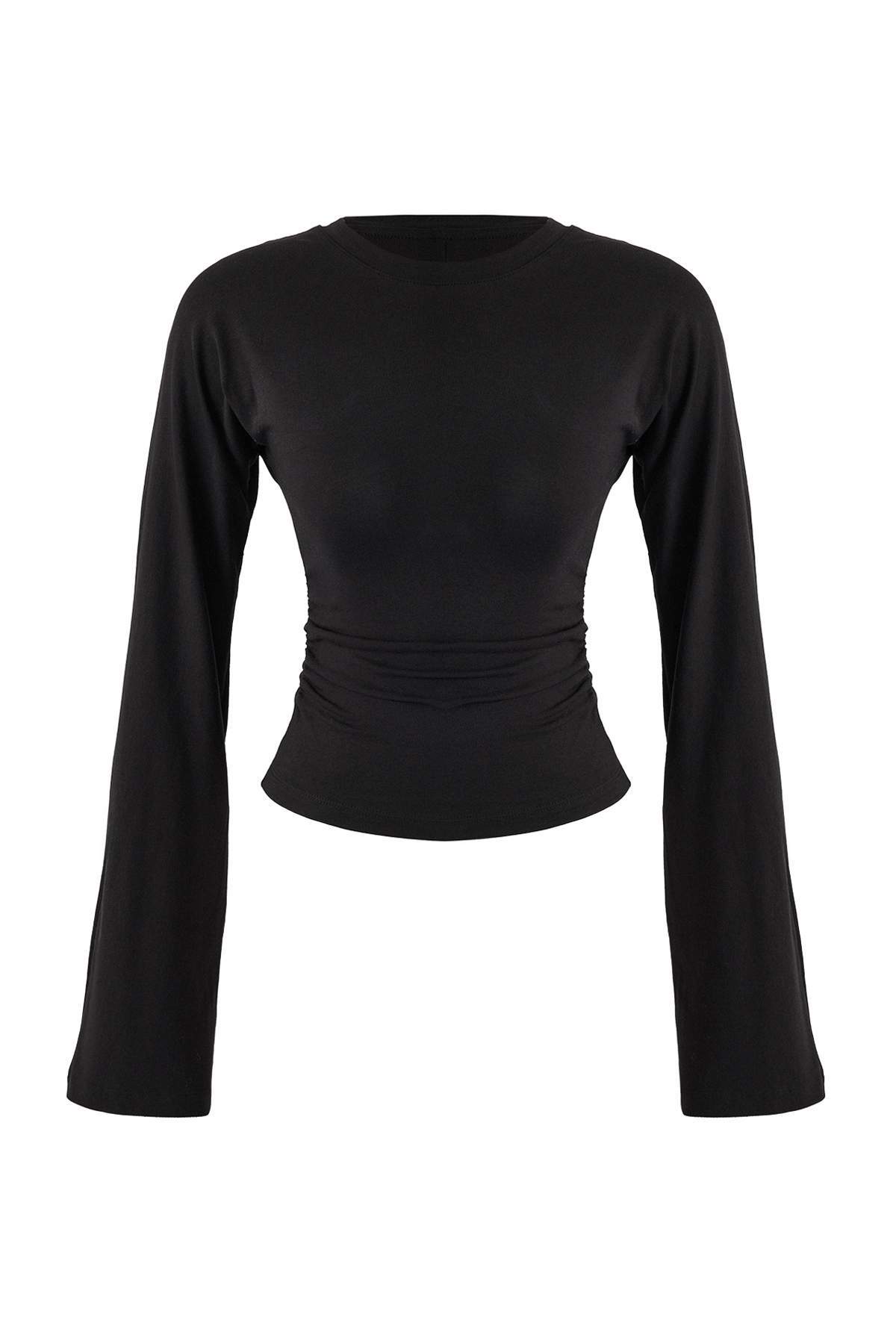 Trendyolmilla  Siyah İspanyol Kol Büzgü Detaylı Regular/Normal Kalıp Örme Bluz TWOAW26BZ00293 - Görsel 5