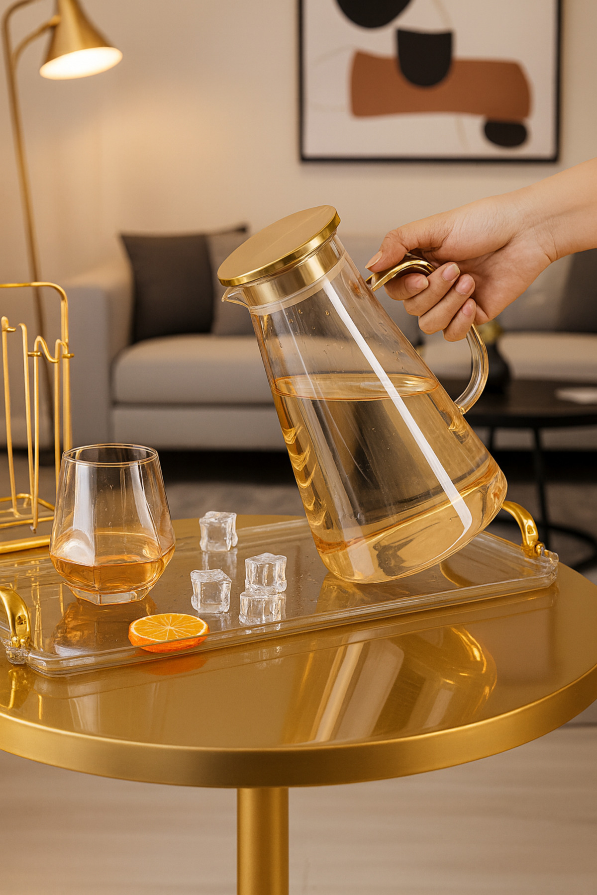 Paşabahçe Vakumlu Çelik Kapaklı Gold Sürahi Isıya Dayanıklı Borosilikat Cam Sürahi 1800ml