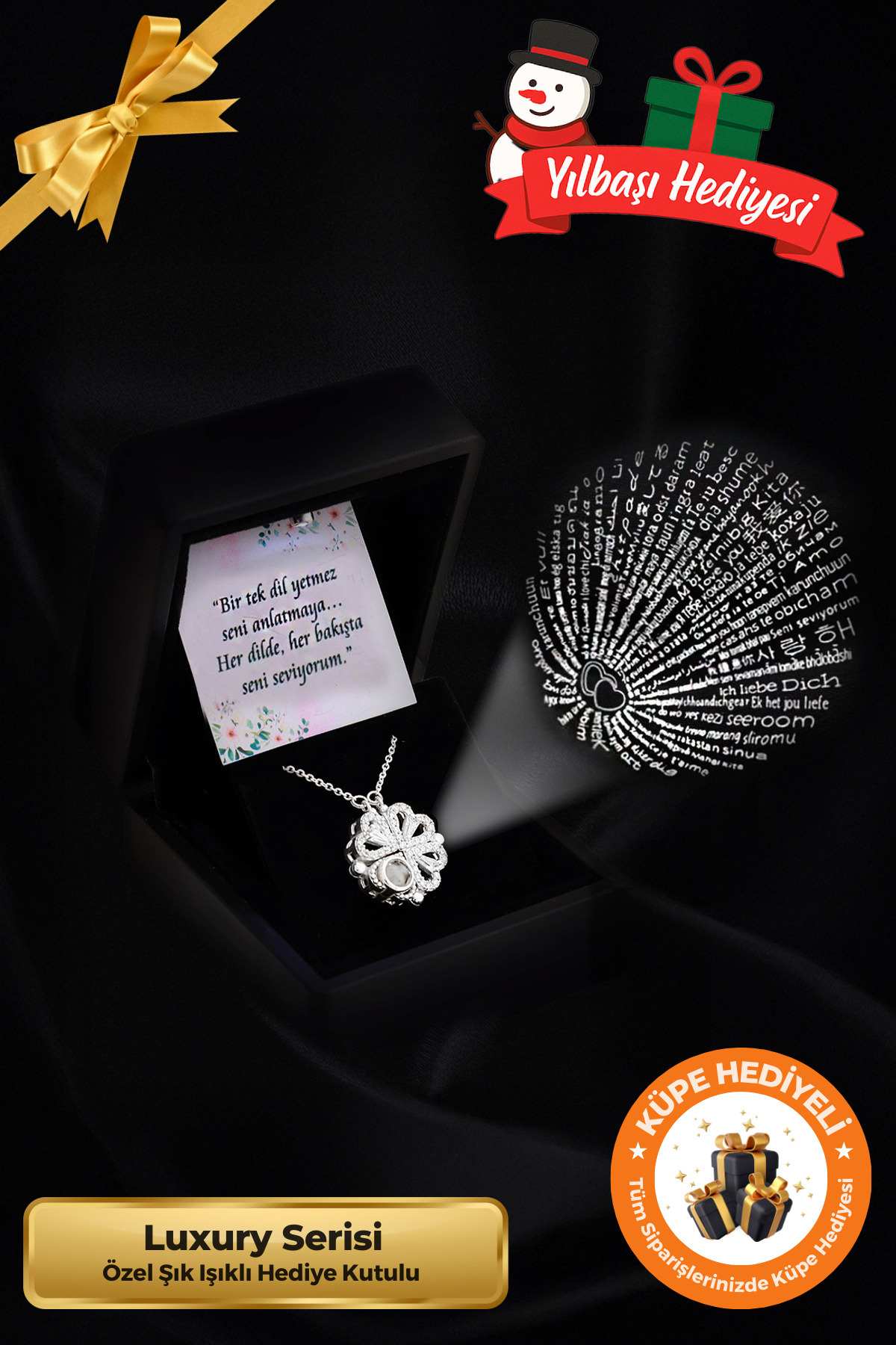 Lucente Jewellery Işıklı Hediye Kutulu 100 Dilde Seni Seviyorum Yazan Yılbaşı 925 Ayar Gümüş Kaplama Yonca Aşk Kolyesi
