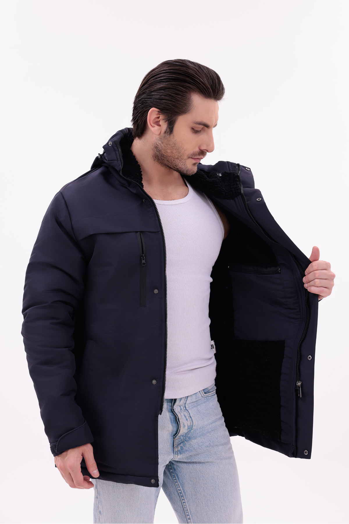 Erkek Polarlı Kürklü Su Ve Rüzgar Geçirmez Kapüşonlu Kışlık Mont & Kaban & Parka — سرمه‌ای FMP-105 — تصویر 4 از 8